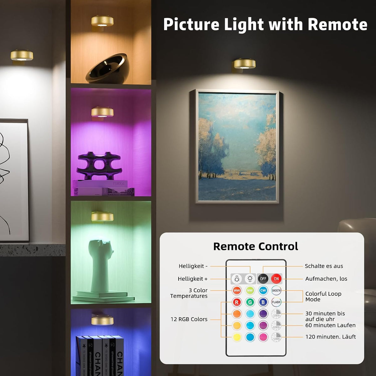3 Pcs Picture Lights, Rechargeable Battery Operated Dimmable 3-Color Wall Light with Remote & Timer for Paintings