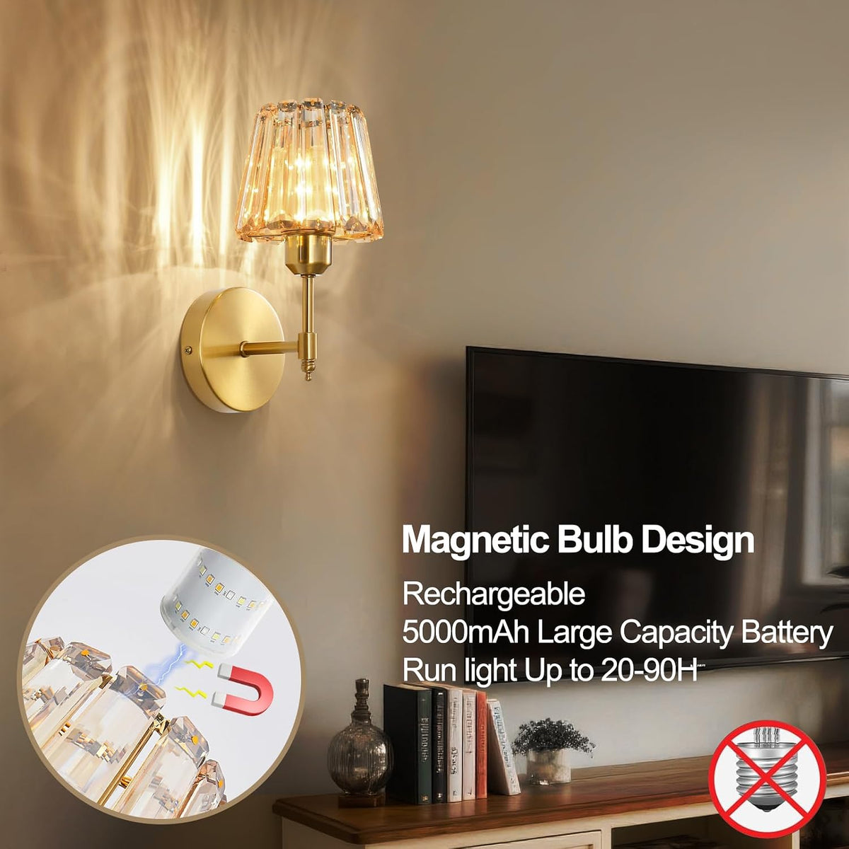 Battery Operated Crystal Wall Sconce Set of 2, Amber Rechargeable Wireless Wall Sconces with Remote Dimmable 12 Colors