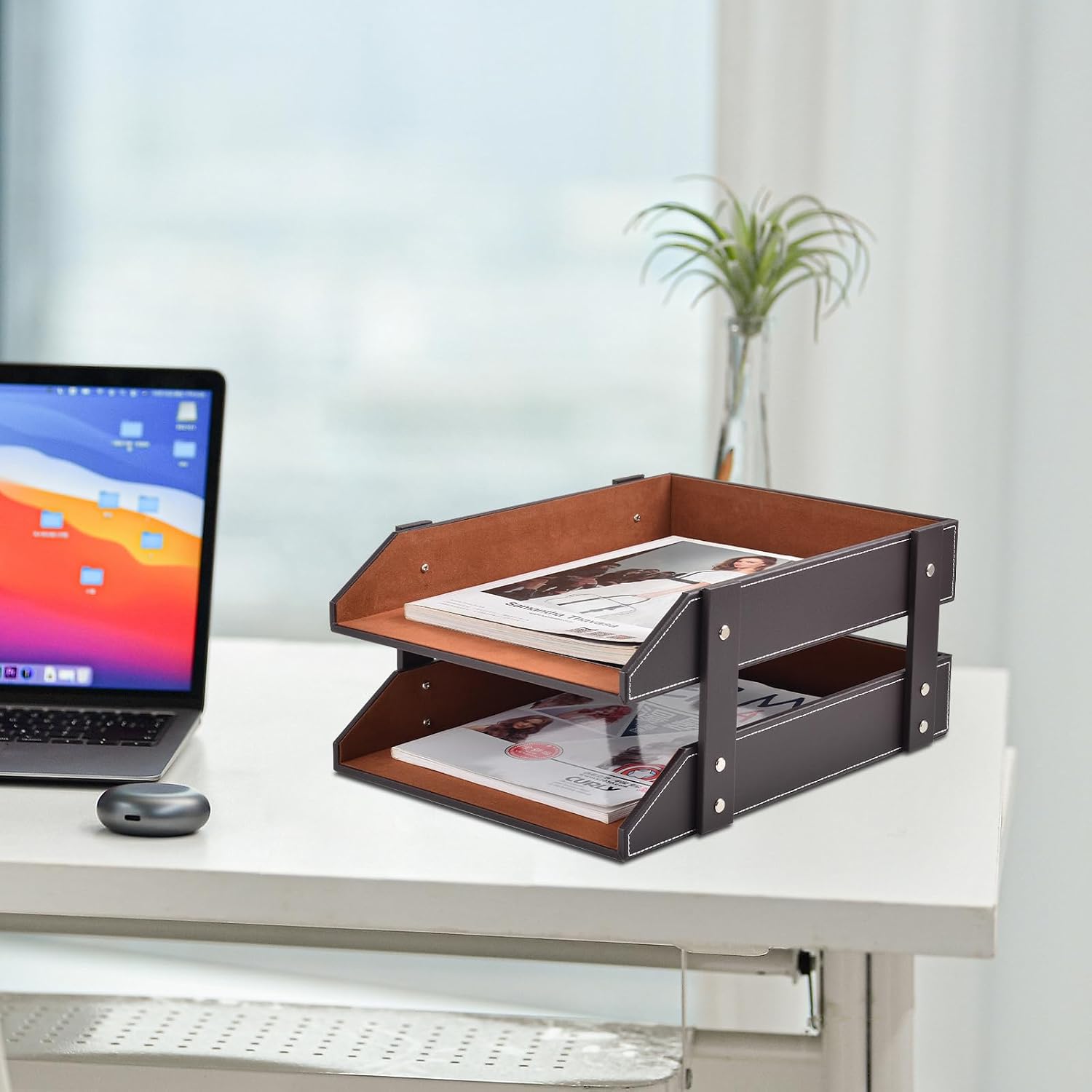 Leather Desk Organizer,2-Tier Stackable Letter Tray Holder,Office Supplies Desktop Storage Box for