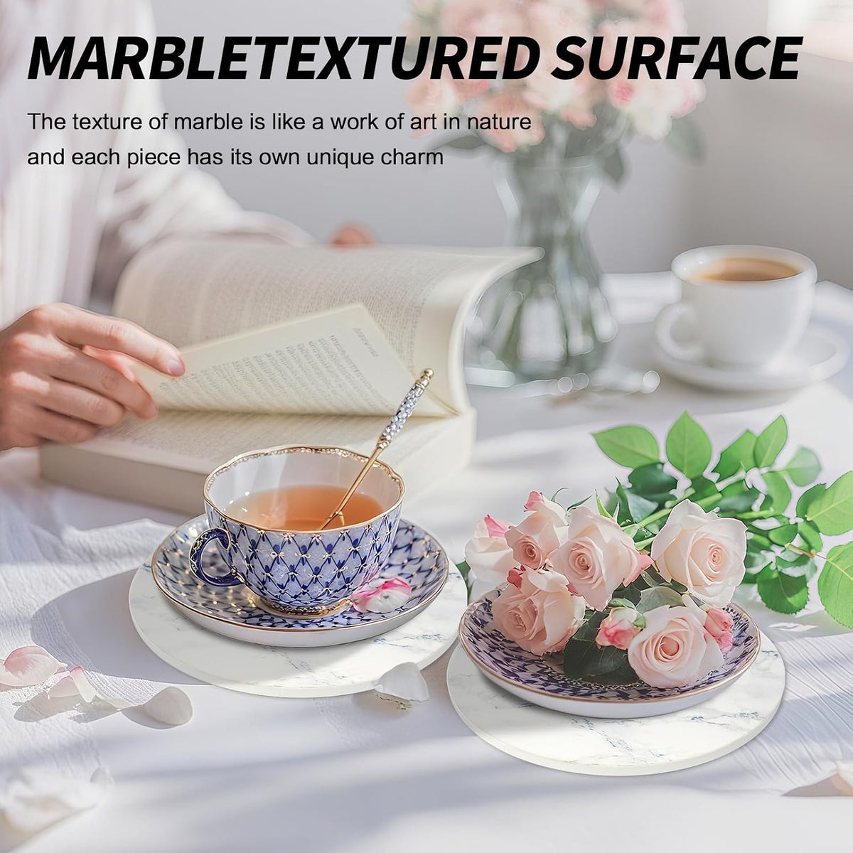 8 Inch Trivets for Hot Dishes, Pots and Pans, Marble Style Ceramic Trivet with Holder, Heat Resistant Hot Plate Mats