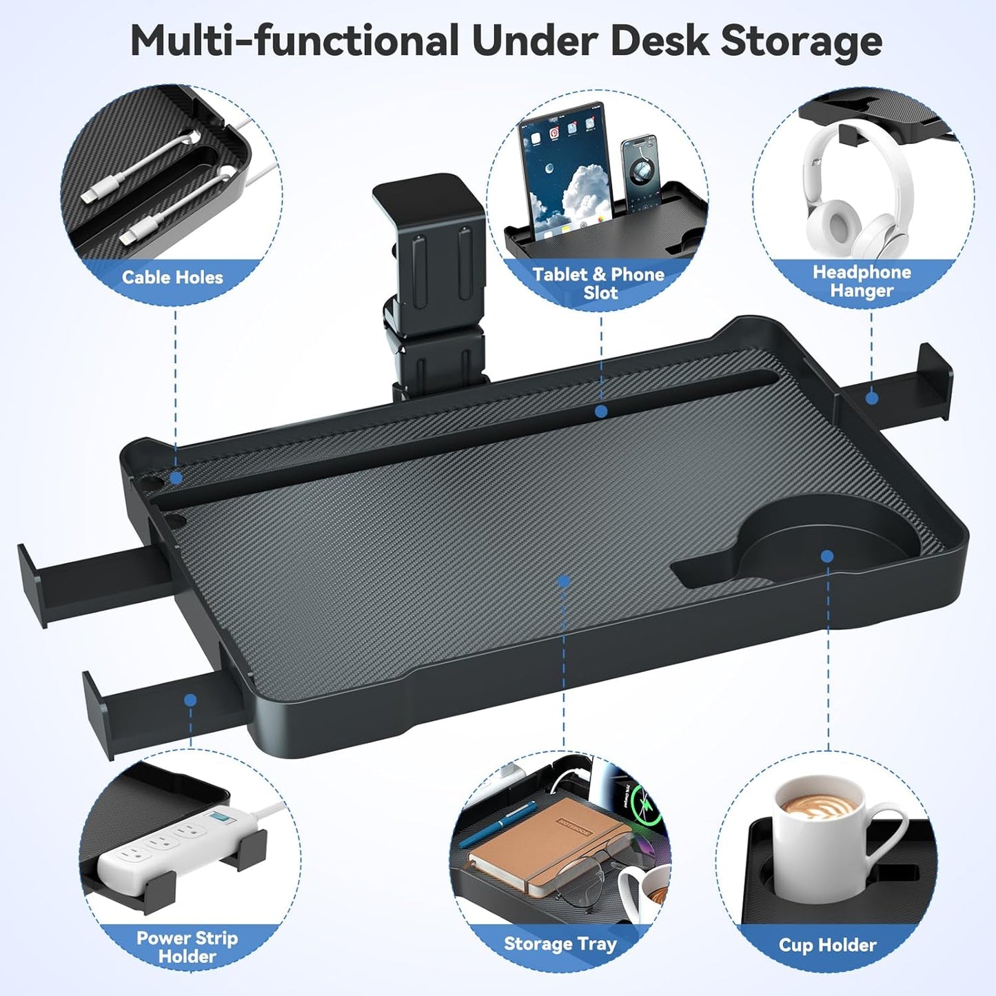 KDD Under Desk Organizer - 360° Rotating Clamp-On Tray with Headphone Hook, Phone & Tablet Holder, Cup Holder, and