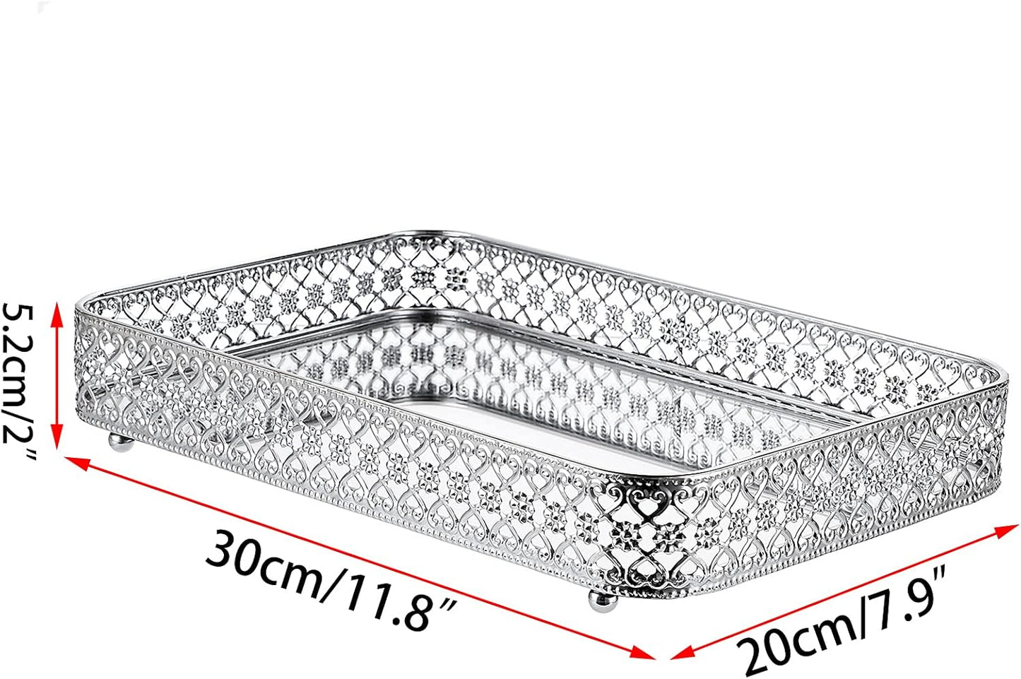 Perfume Mirror Tray Vanity Makeup Hollow-Carved Jewelry Organizer Glass / Silver / 11.8 x 7.9 x 2