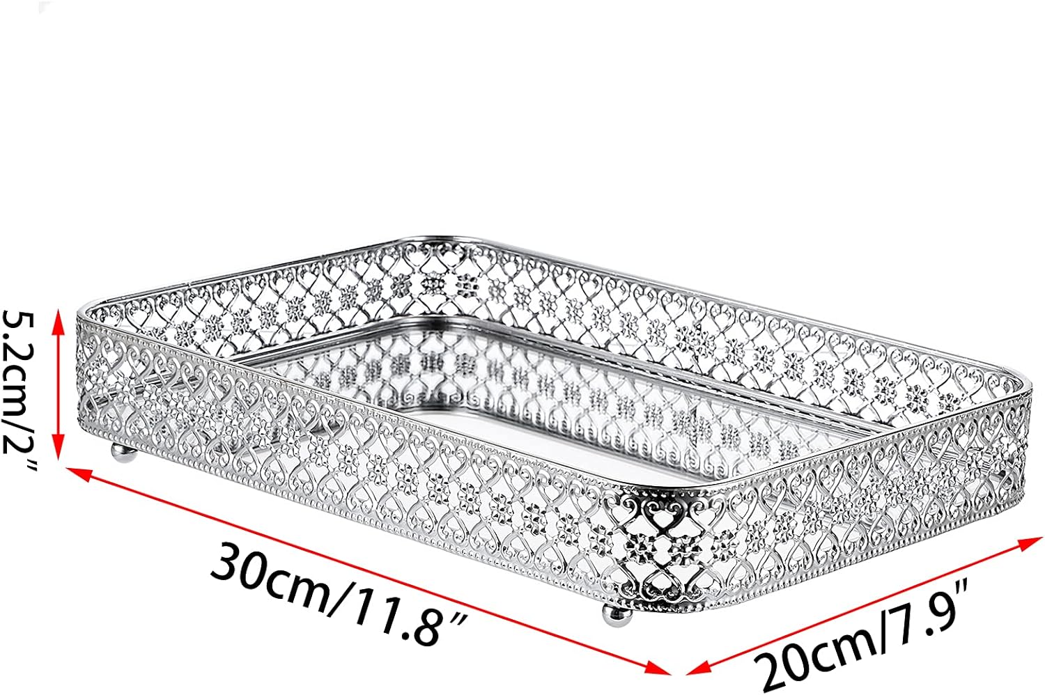 Perfume Mirror Tray Vanity Makeup Hollow-Carved Jewelry Organizer Glass / Silver / 11.8 x 7.9 x 2