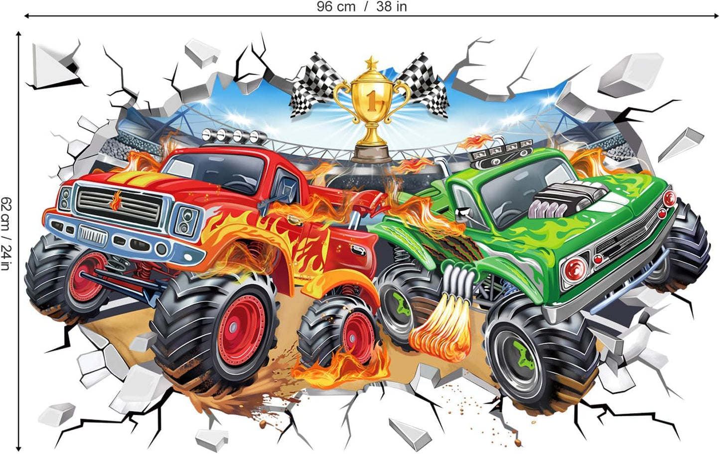 Large 3D Racing Car Wall Stickers Vehicles Truck Break Through Peel and Stick Wall Art / 3D Truck