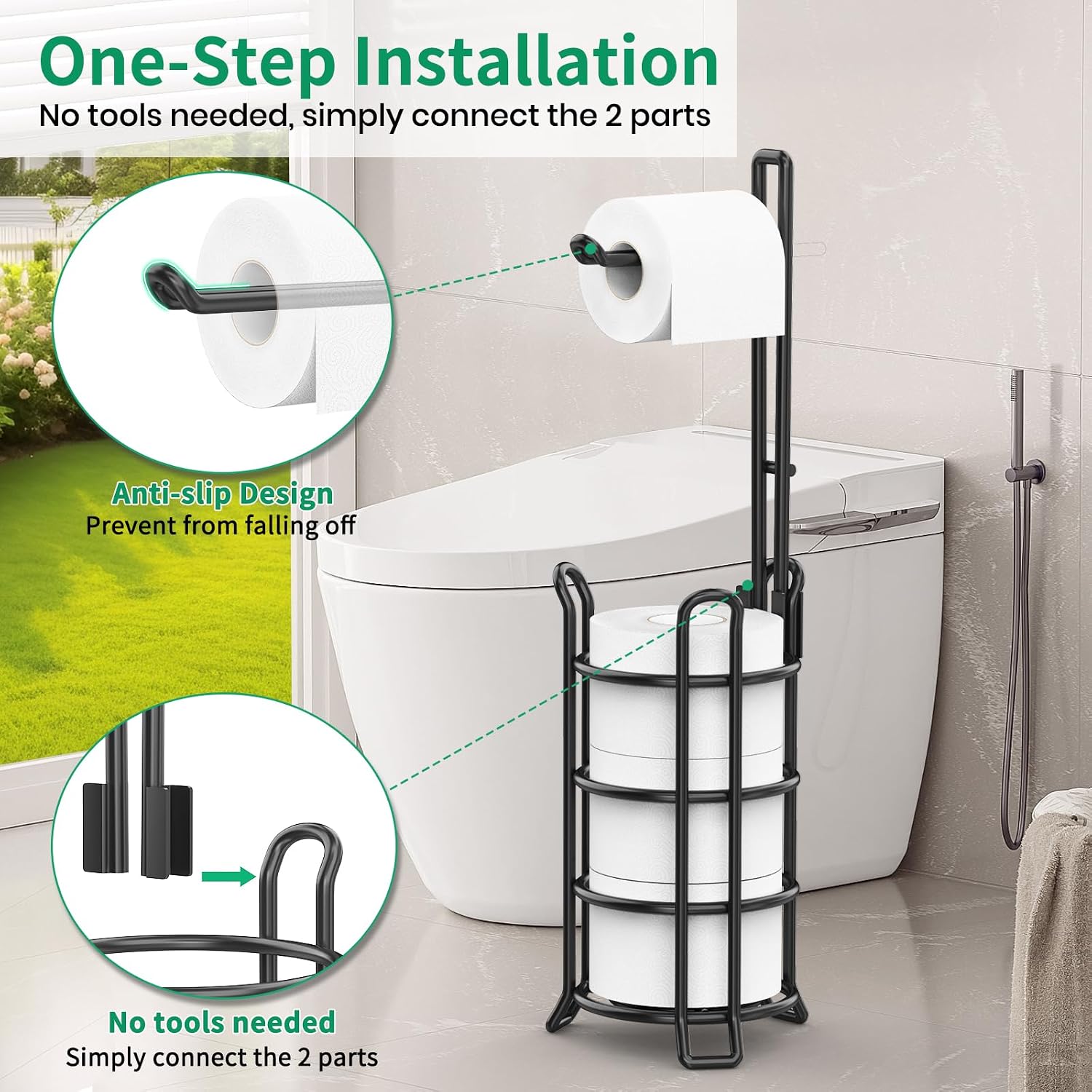 TomCare Toilet Paper Holder Stand Free Standing, Holds 4 Mega Rolls, Black | Tool-Free Assembly, Detachable Metal Wire