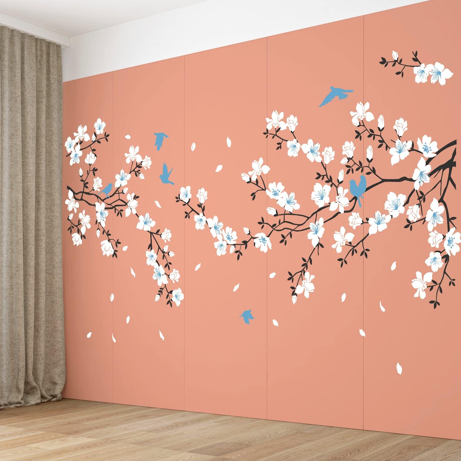 Wall Stickers / Cherry Blossom Wall Decal Birds on Tree Branch Art Sticker / Blue White Flower