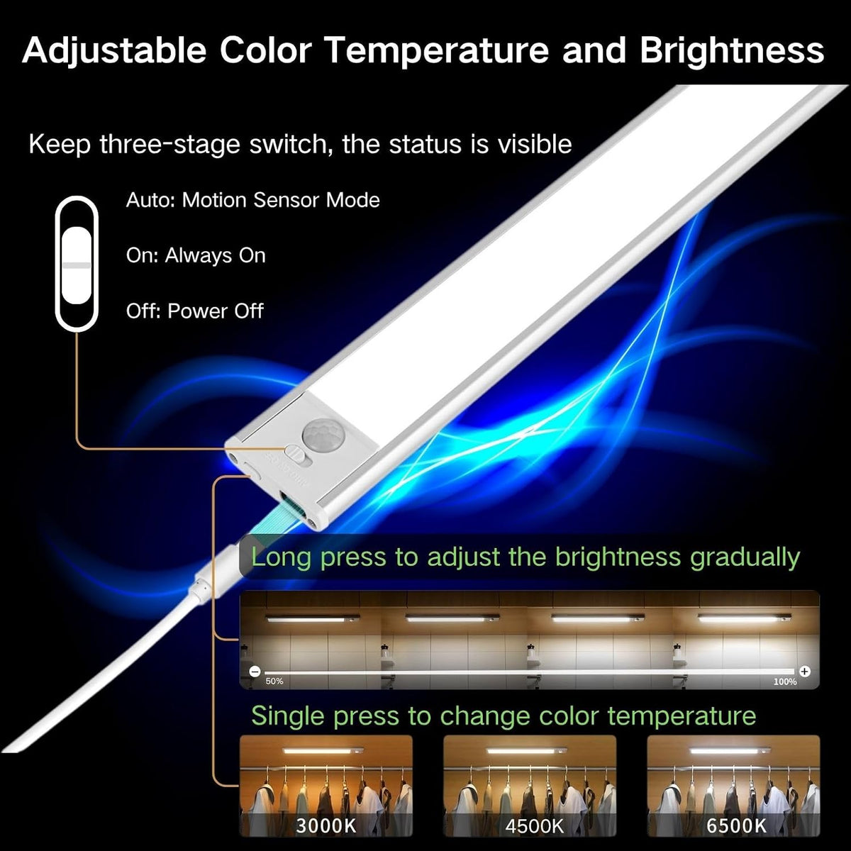 Motion Sensor Under Cabinet Lighting-Magnetic Rechargeable Closet Lights for Kitchen,Stairs,Wardrobe | 3-Color Dimmable