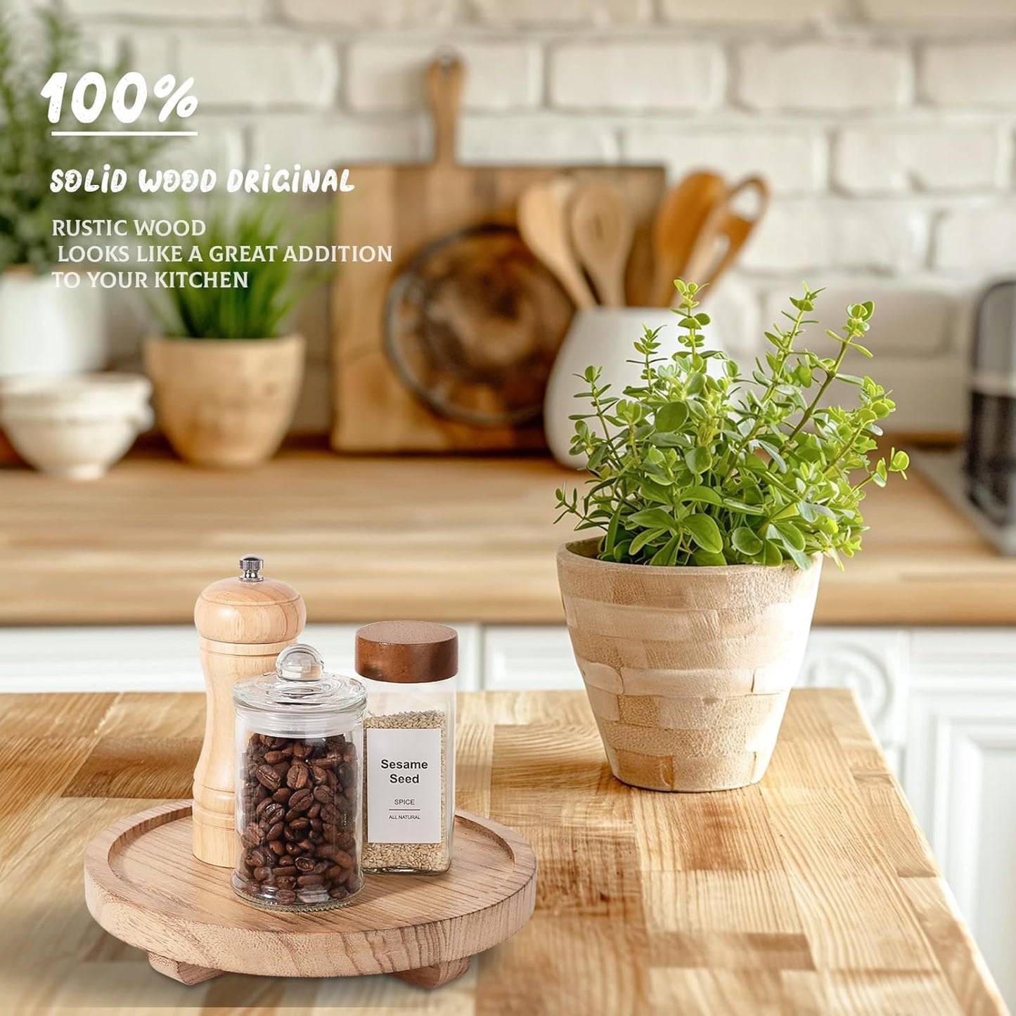 Round Decorative Tray Wood Bathroom Counter Organizer Farmhouse Kitchen Decor / Brown / Set of 8
