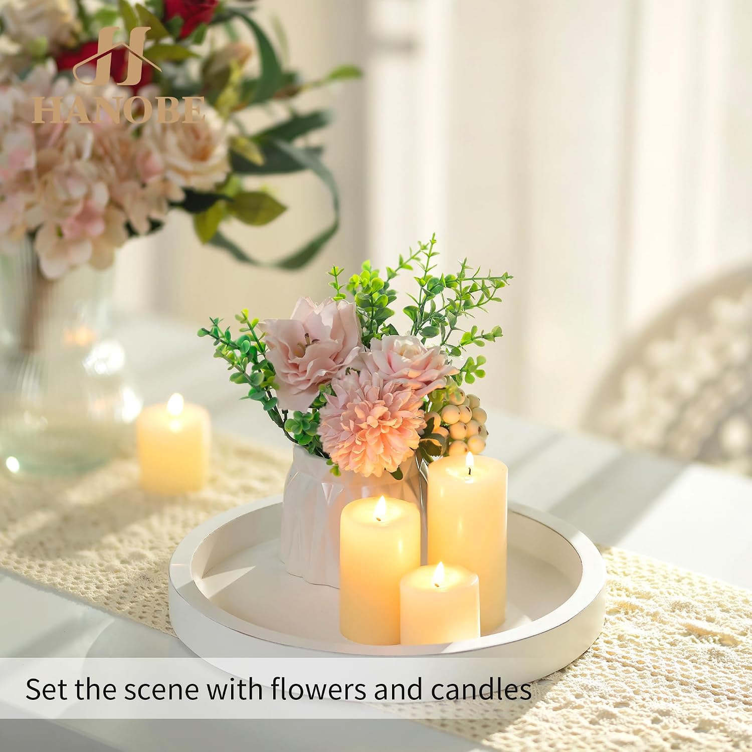 Wood Candle Holders Plate Round Rustic Trays for Ottoman Centerpiece Home / White-1