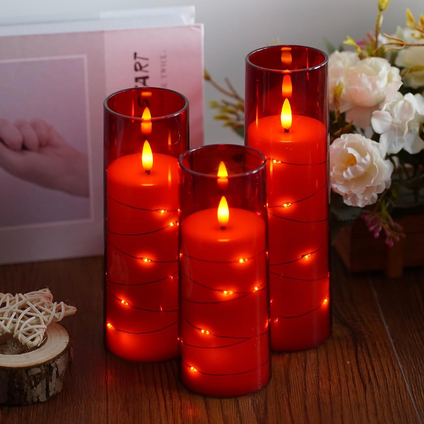 Flameless Candles,with Embedded Star String, Battery Operated Candles Flickering LED Pillar Candles with Remote Control