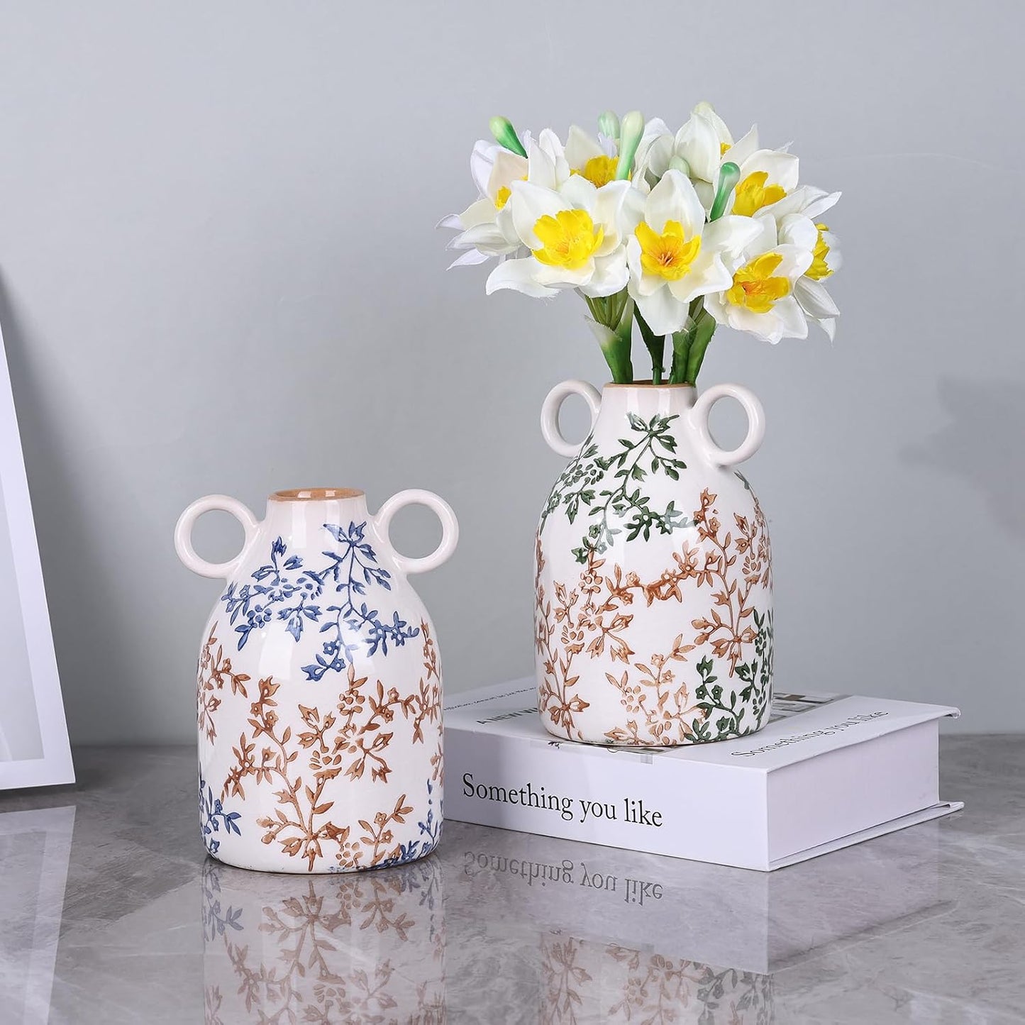 Ceramic Vase / Nordic Boho Small Vases Side Table Flower Centerpiece / Blue Floral
