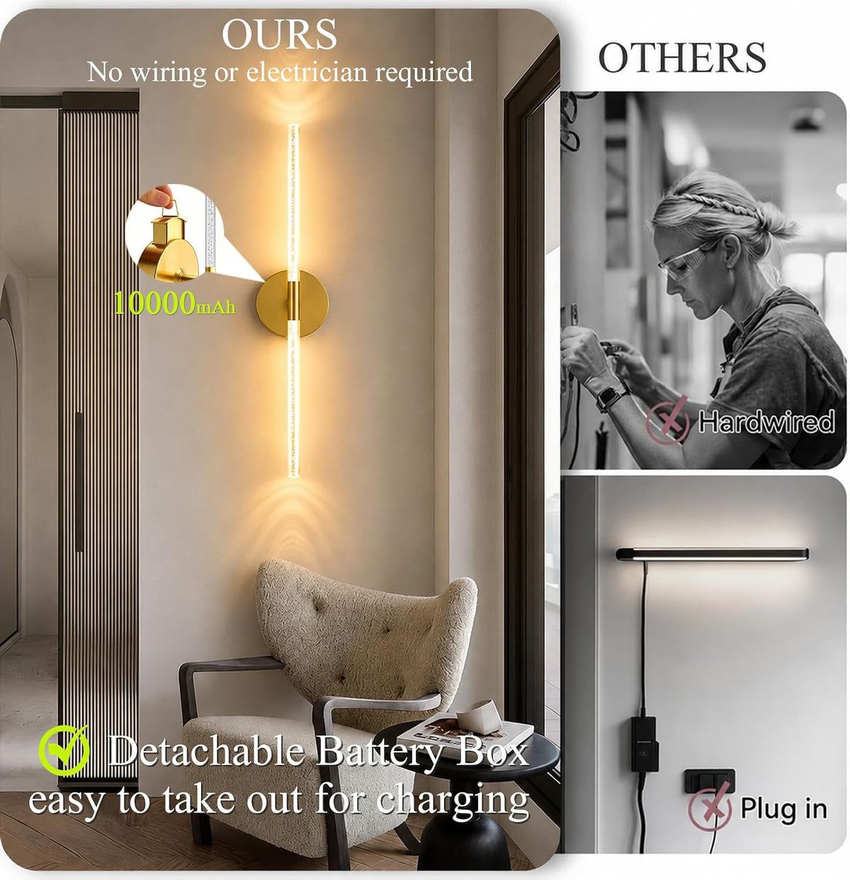 Rechargeable Wall Lights Battery Operated Sconce 2Pack(Gold Bubble Crystal) | 10000mAh Wireless Wall Lights With Touch