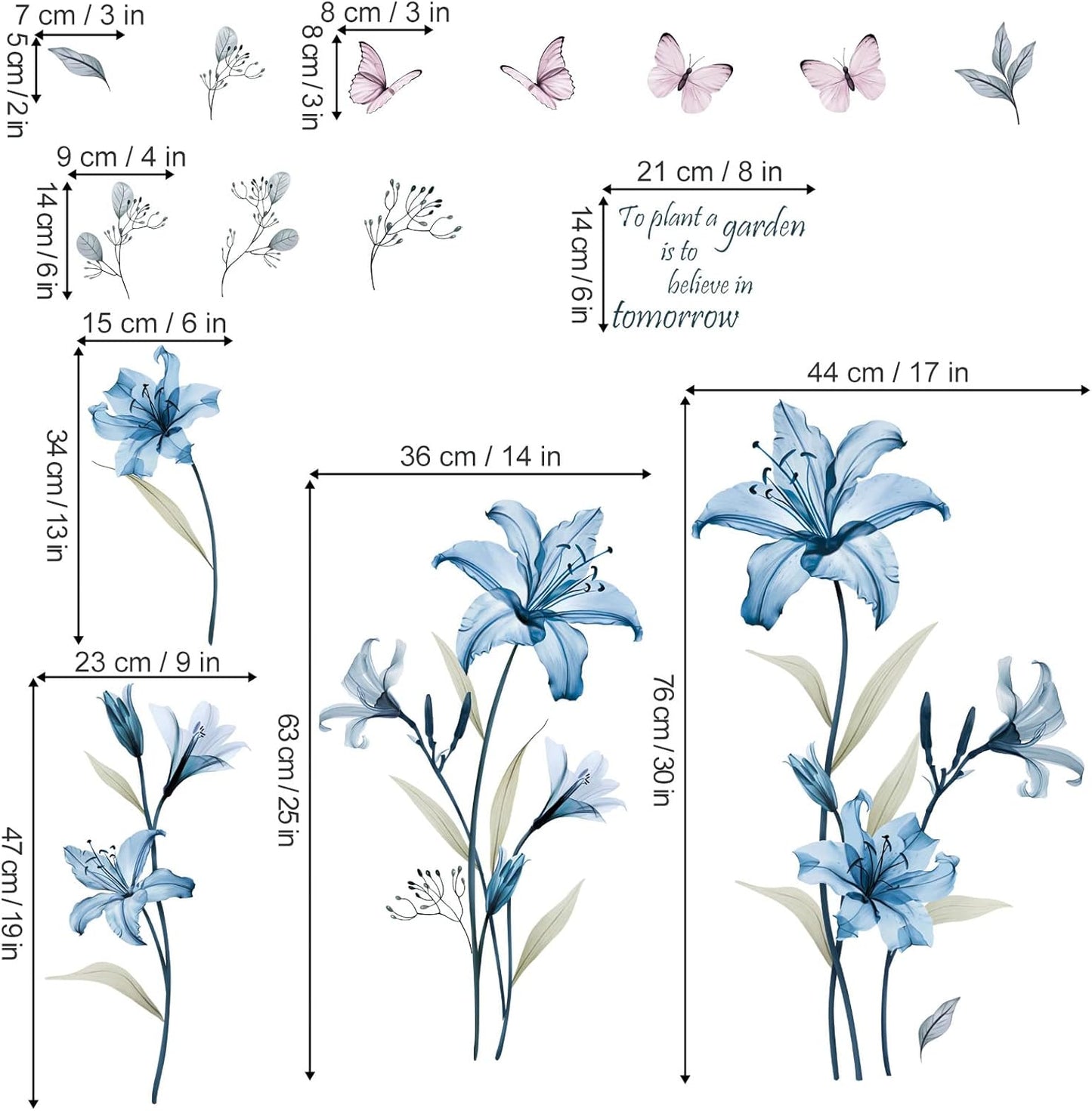 Lily Flower Wall Stickers Floral Butterfly Peel and Stick Wall Art Decals / Blue