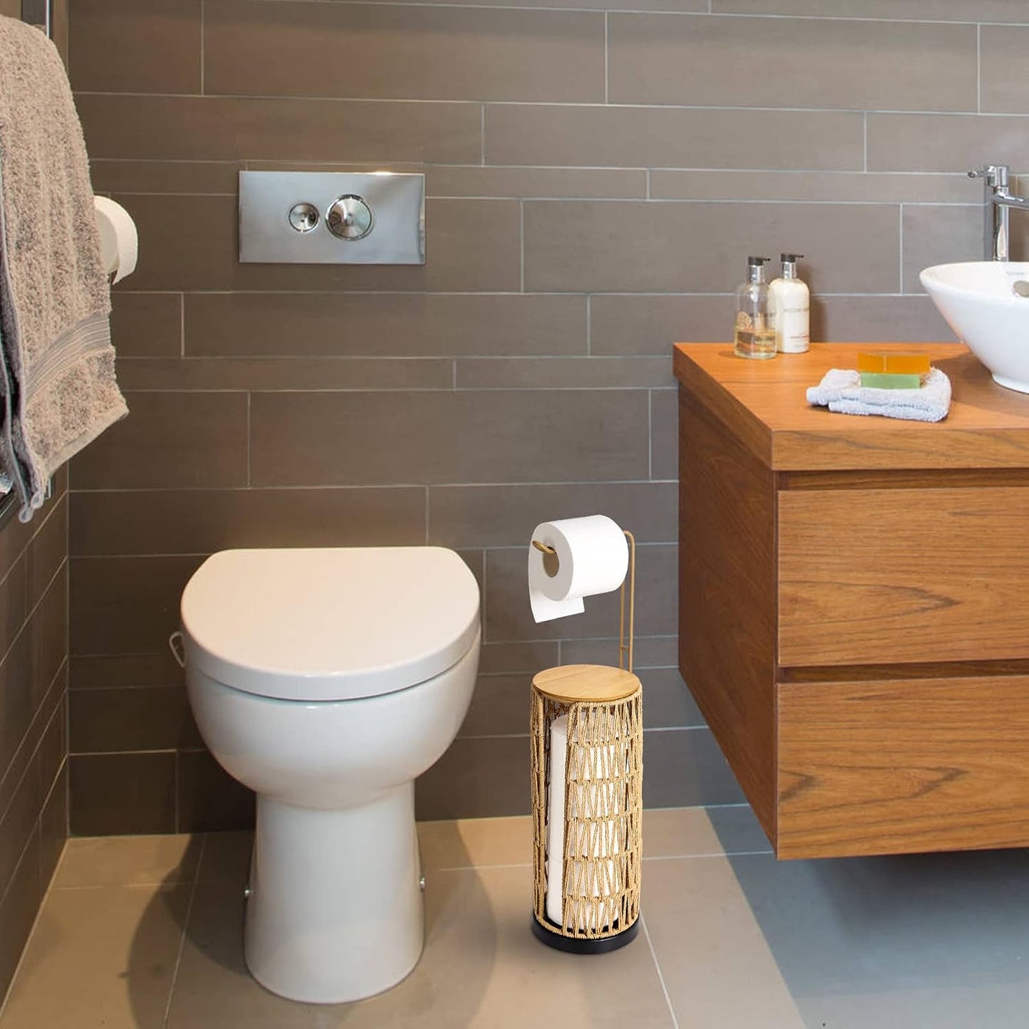 Freestanding Toilet Paper Holder with Storage,3 Rolls of Tissue Holder for Bathroom,Handmade Woven Toilet Paper Roll