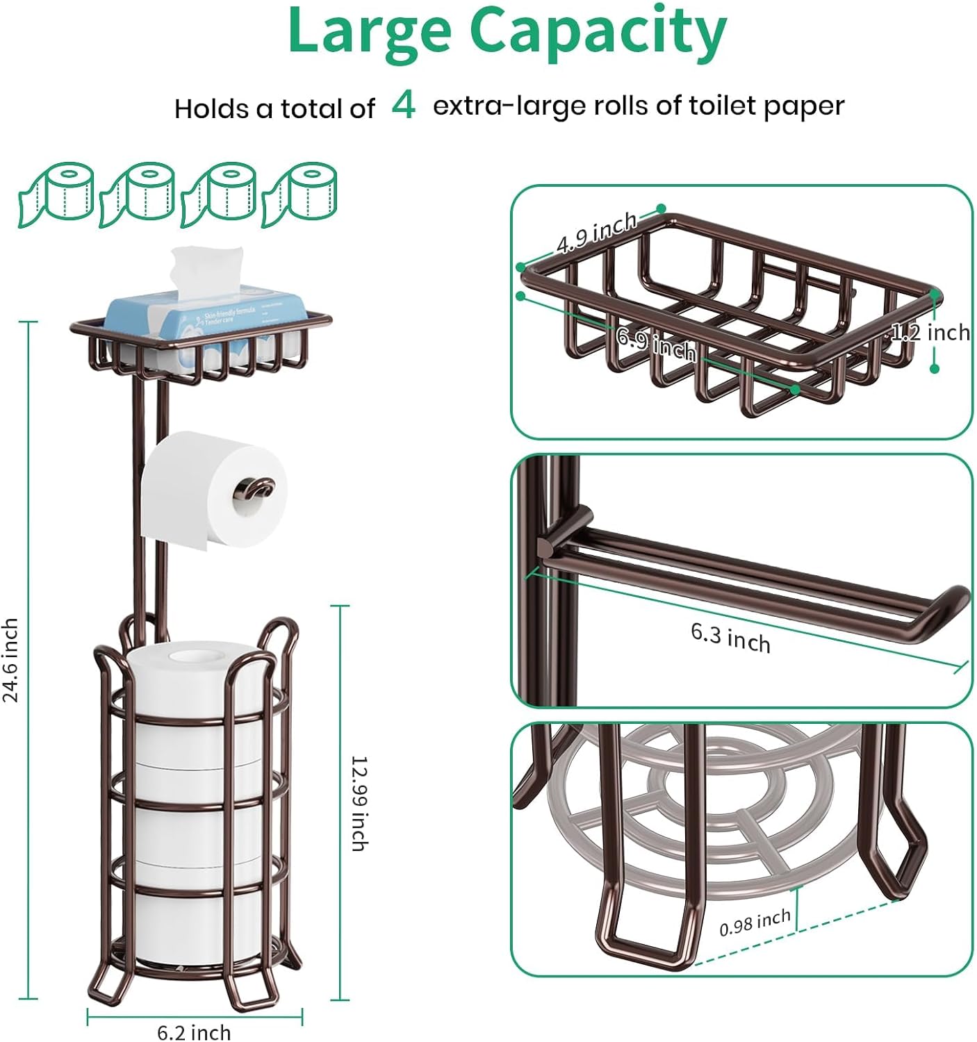 TomCare Toilet Paper Holder Free Standing with Shelf, Stable 4 Raised Feet | Stores 4 Mega Rolls, Tool-Free Assembly