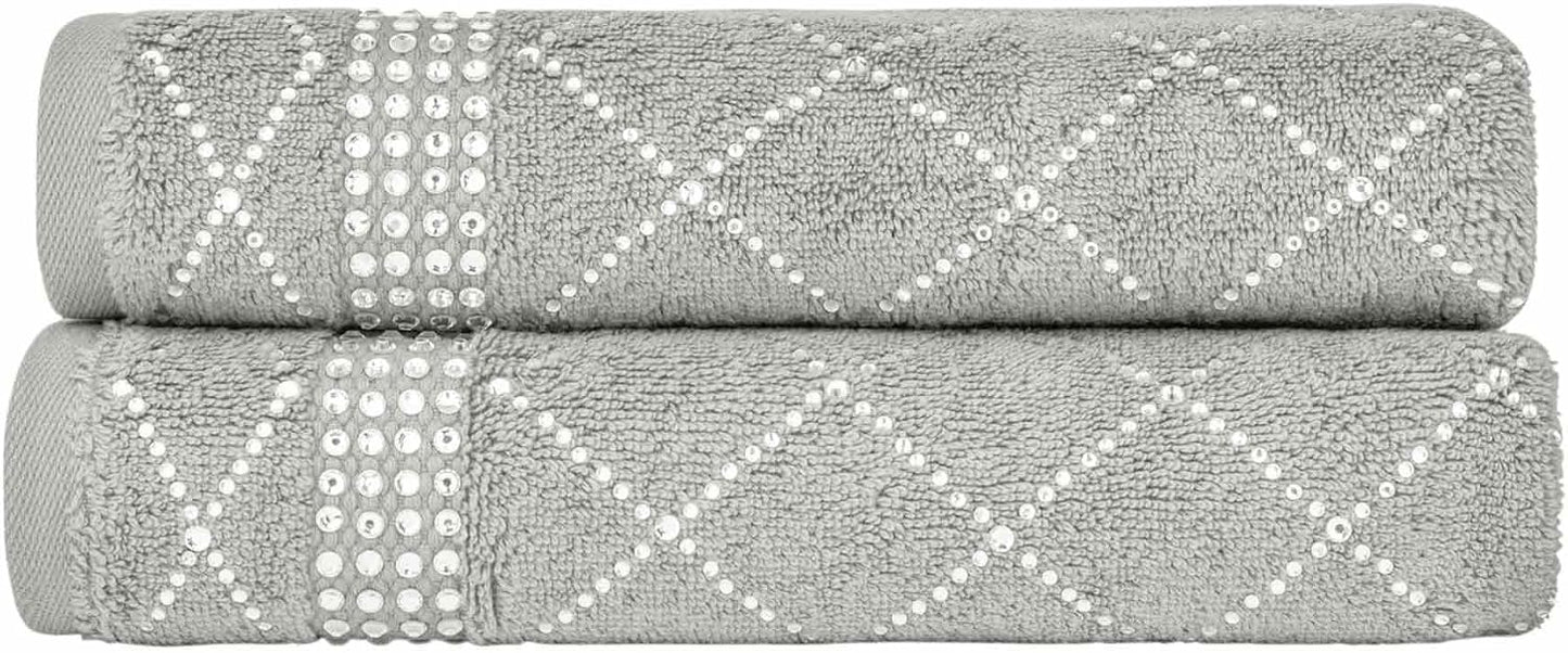 Atlas Hand Towel (Set of 2), 100% Turkish Cotton, Glass Rhinestones, Machine Washable, Gray