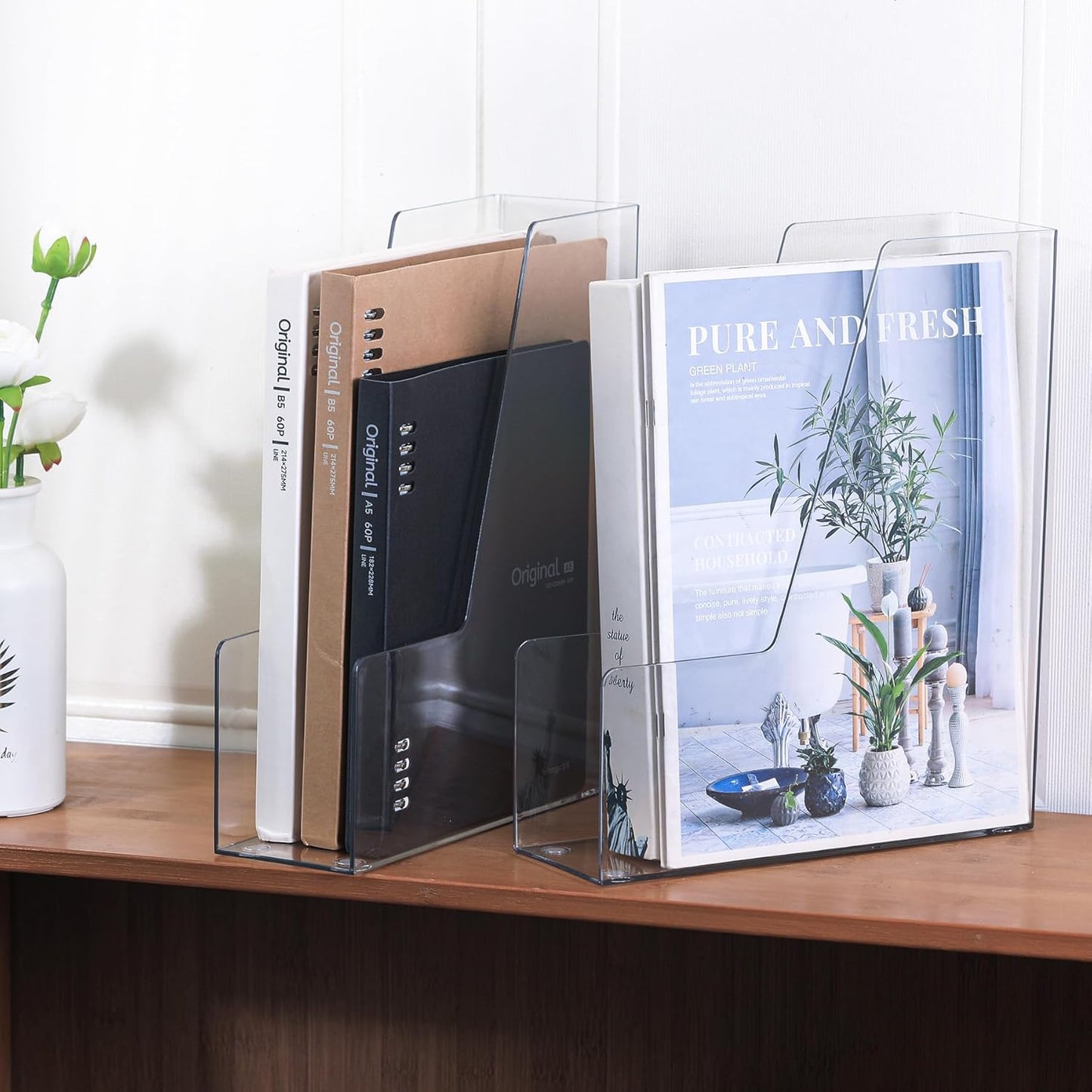 LALOBLUE Vertical Magazine File Holder, Clear, 4 Pack | Plastic, Holds Magazines, Binders, Notebooks, Envelopes, Desk