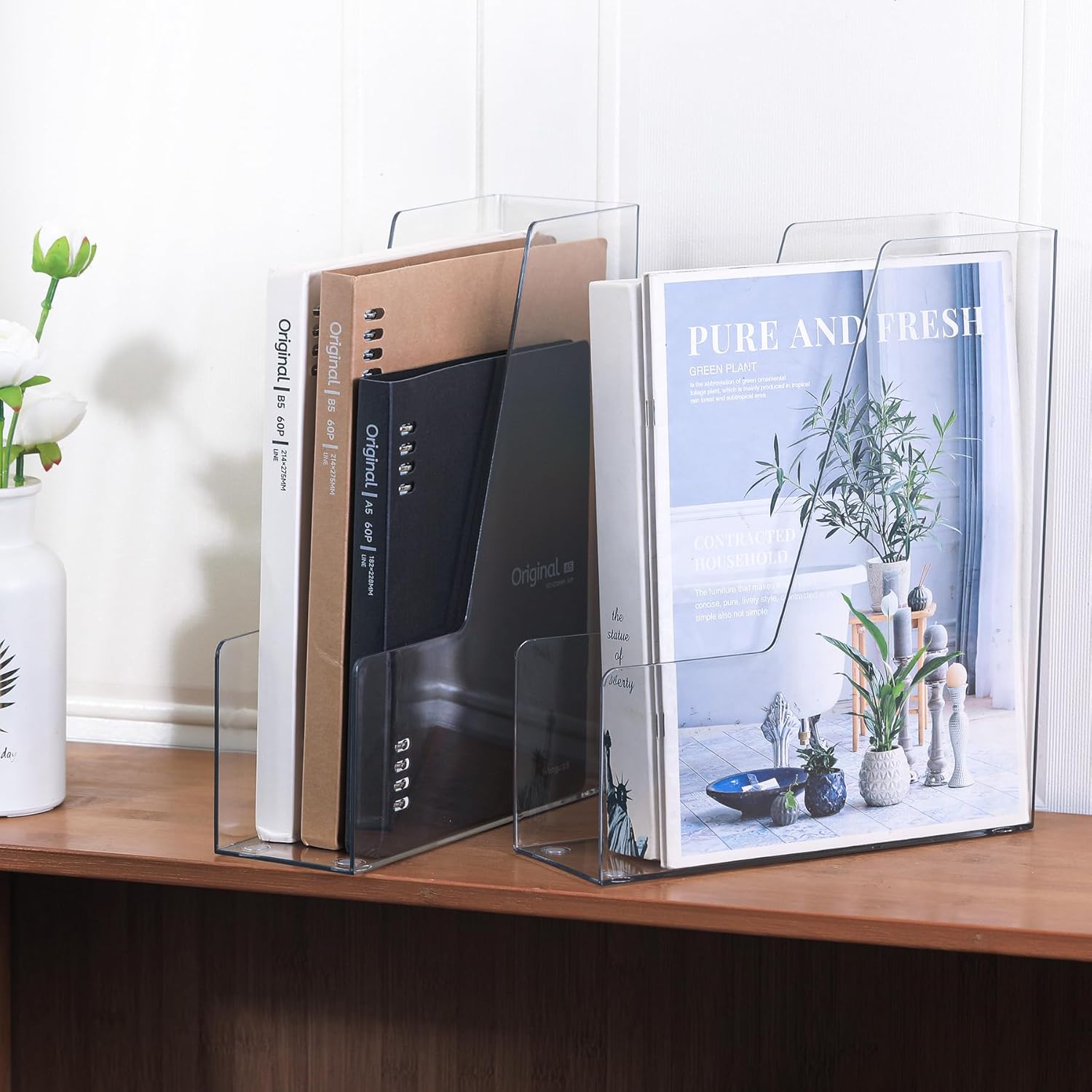 LALOBLUE Vertical Magazine File Holder, Clear, 4 Pack | Plastic, Holds Magazines, Binders, Notebooks, Envelopes, Desk