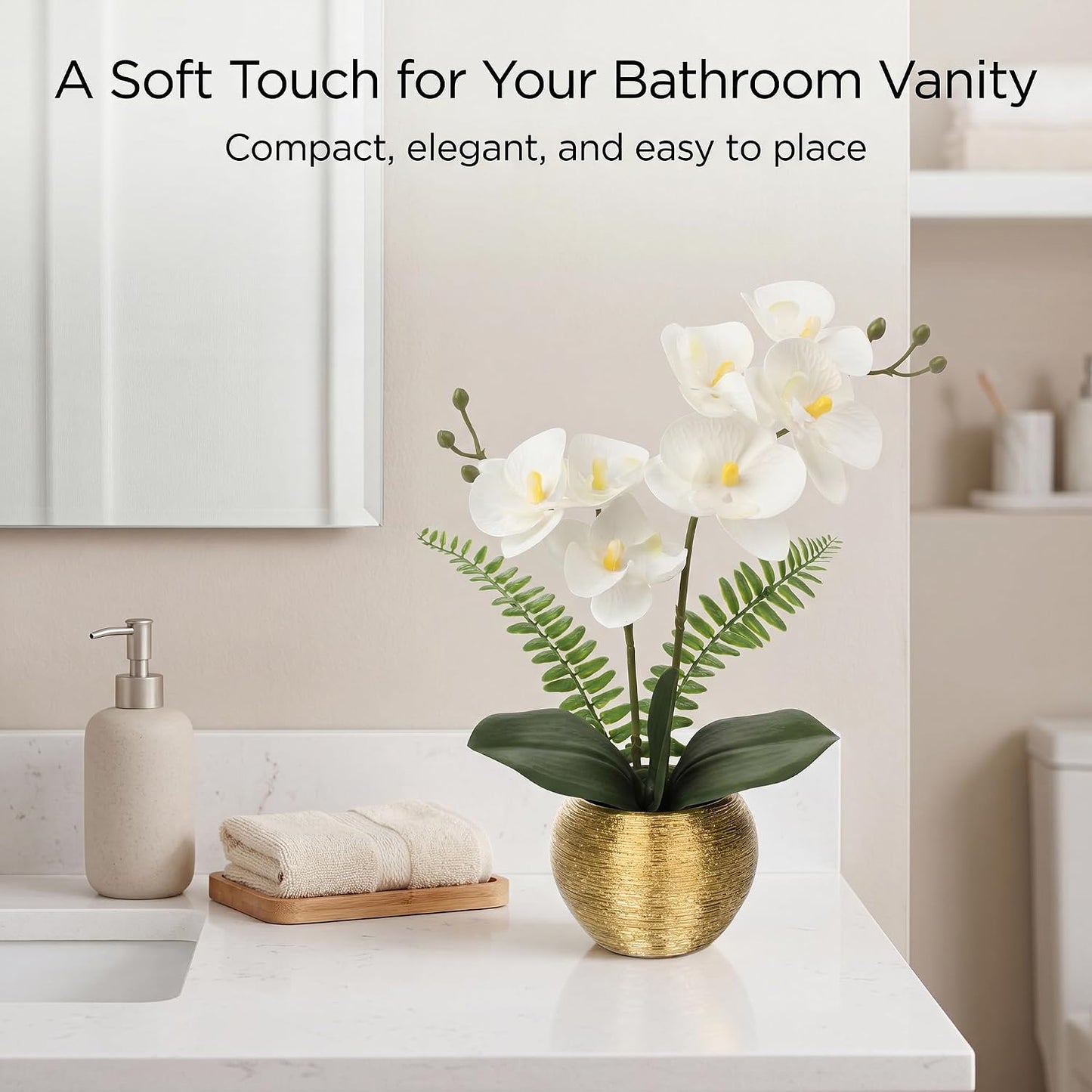 Artificial Orchid Flowers in Gold Ceramic Pot / White Orchid with Gold Vase