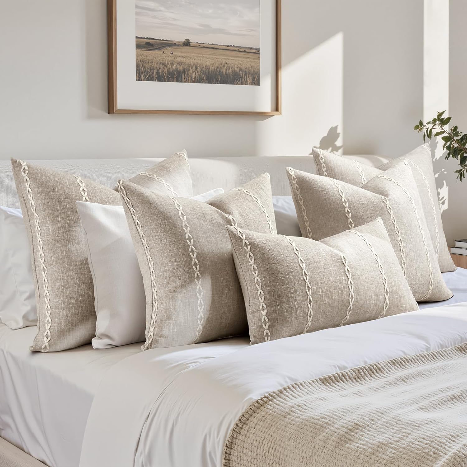 Tan Farmhouse Pillow Covers / Tan Stripe / 18 x 18 / Set of 2