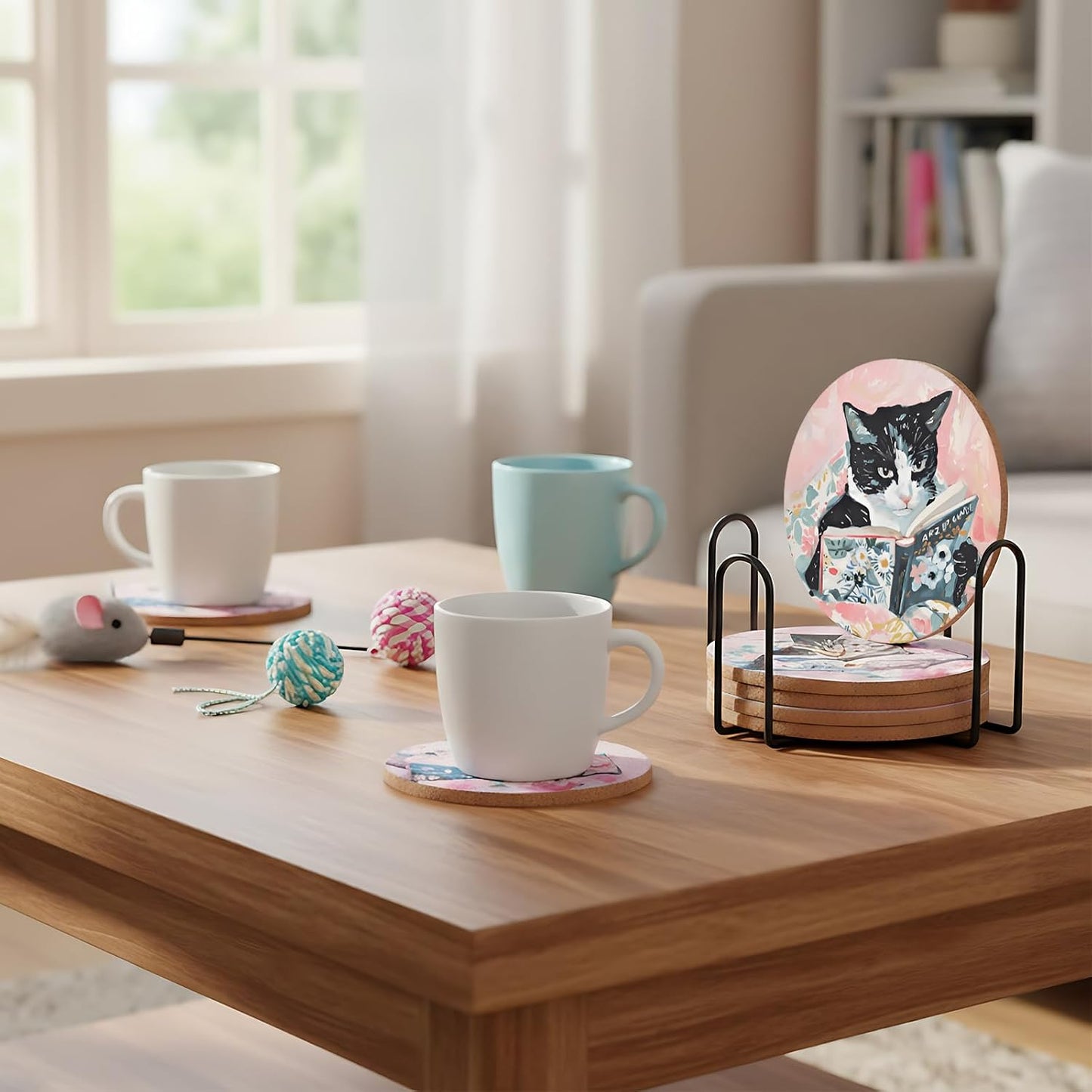 Holder Cat Lover Coaster Funny Cats Designs / Elegant Pattern / Set of 6