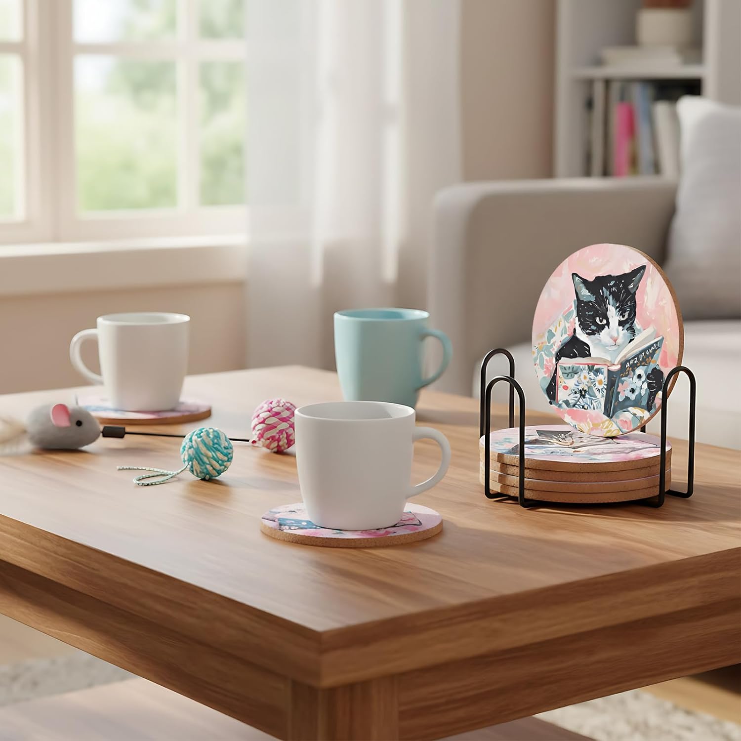 Holder Cat Lover Coaster Funny Cats Designs / Elegant Pattern / Set of 6