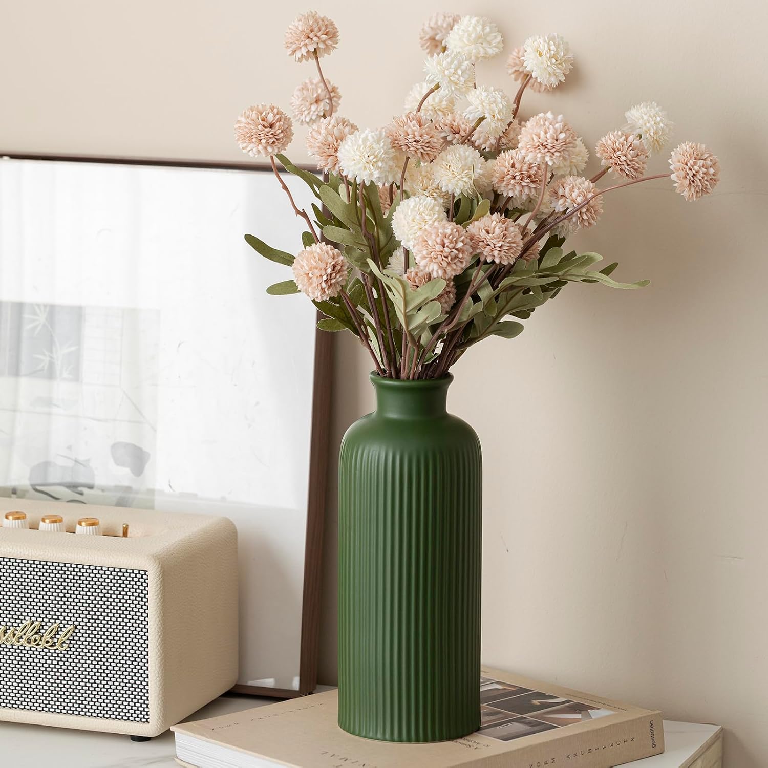 Ribbed Ceramic Vase for Flowers / Green / 10 Inch