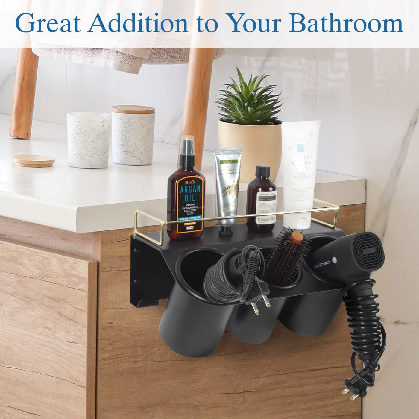J JACKCUBE DESIGN Hair Dryer Holder Wall Mount Bathroom Vanity Hair Styling Care Tool Accessories 3 Cups Storage