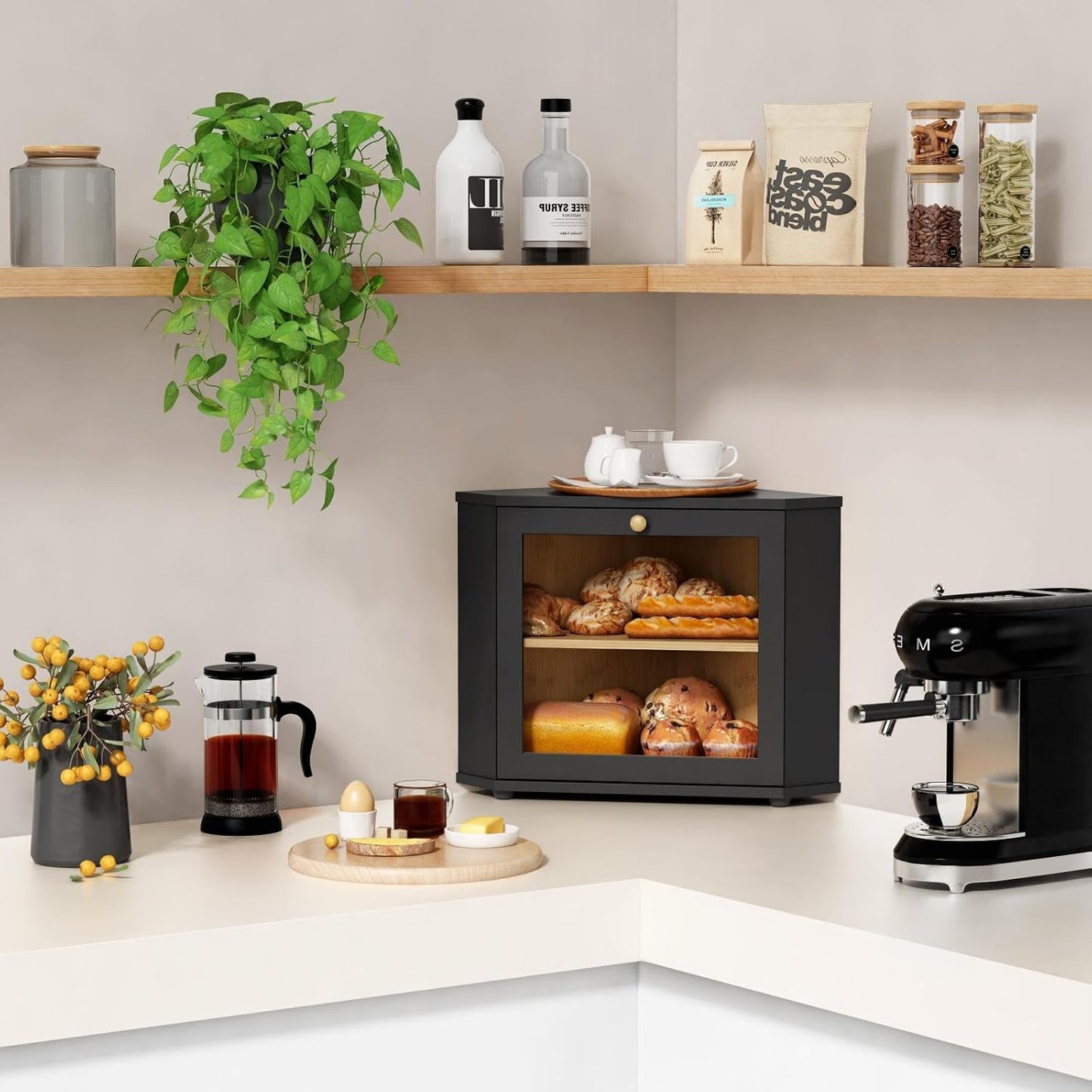 Goozii Corner Bread Box for Kitchen Countertop, Black Bread Storage Container for Homemade Bread, Two Layer Breadbox