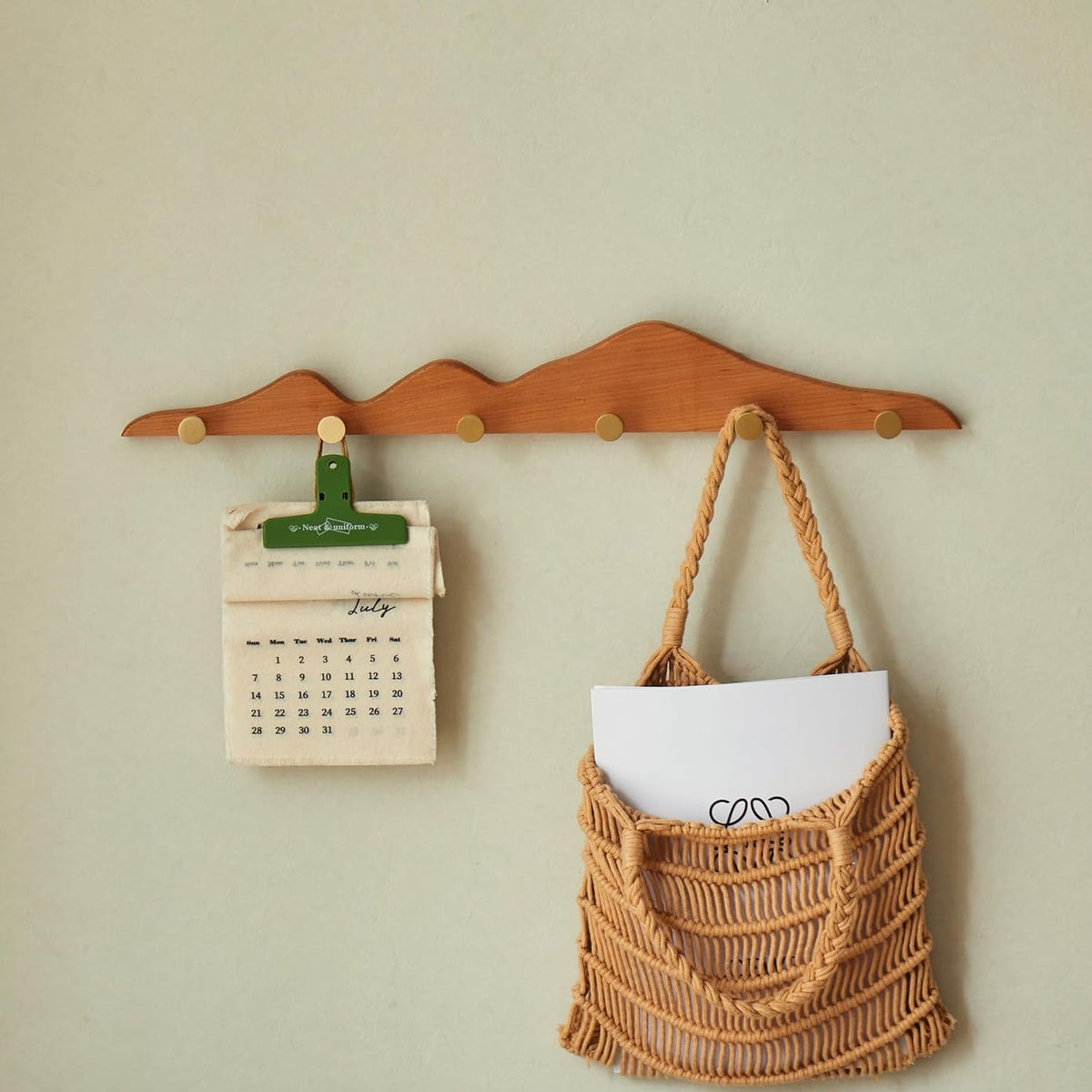 Wall Coat Rack Cherry Wood 6 Hooks | Elegant, Solid Coat Hanger, Wall Mount with Brass Hooks, Moisture-Resistant Wax