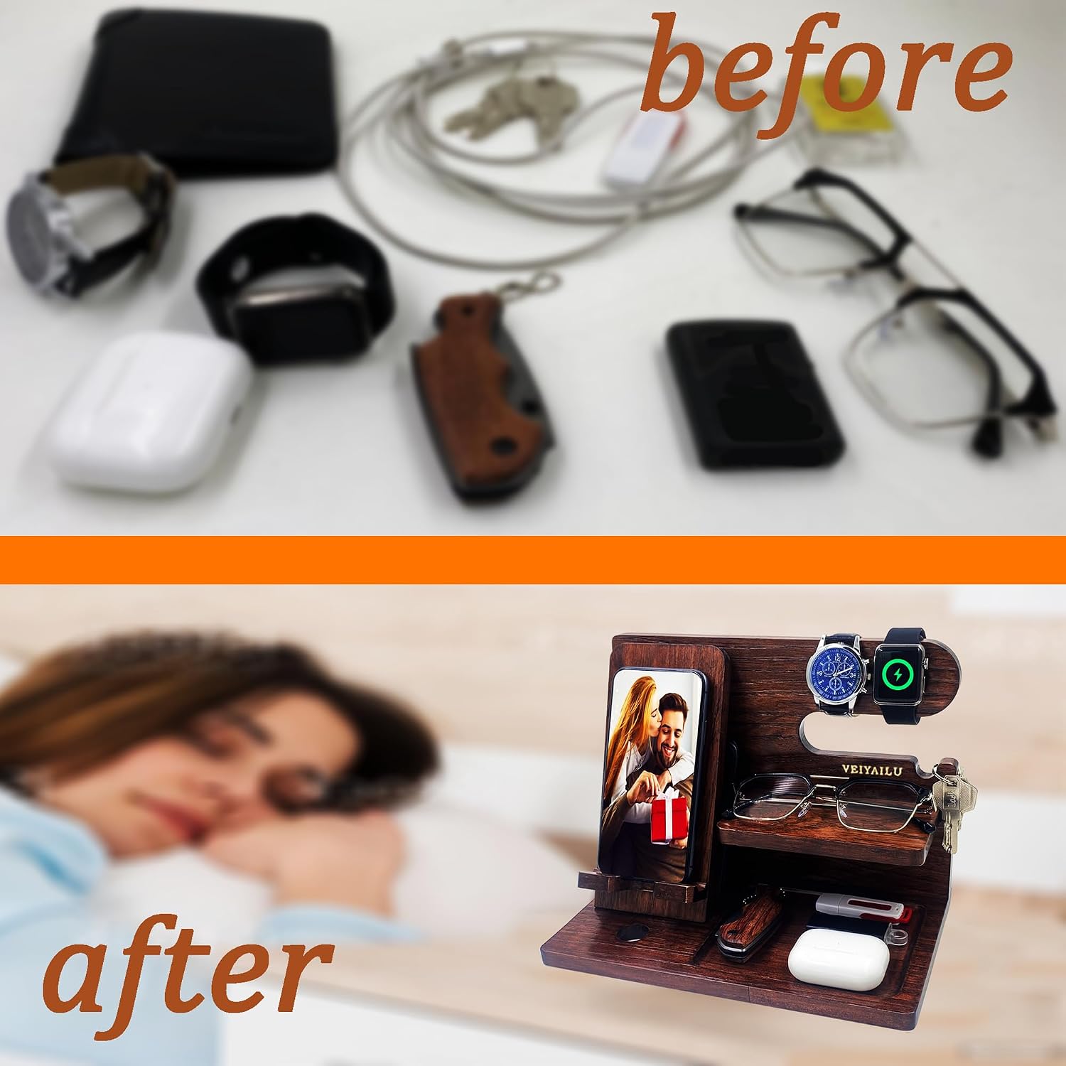 Gifts for Men Women Brother Boss Boyfriend Him Nightstand Organizer Gifts for Dad from / Dark Brown