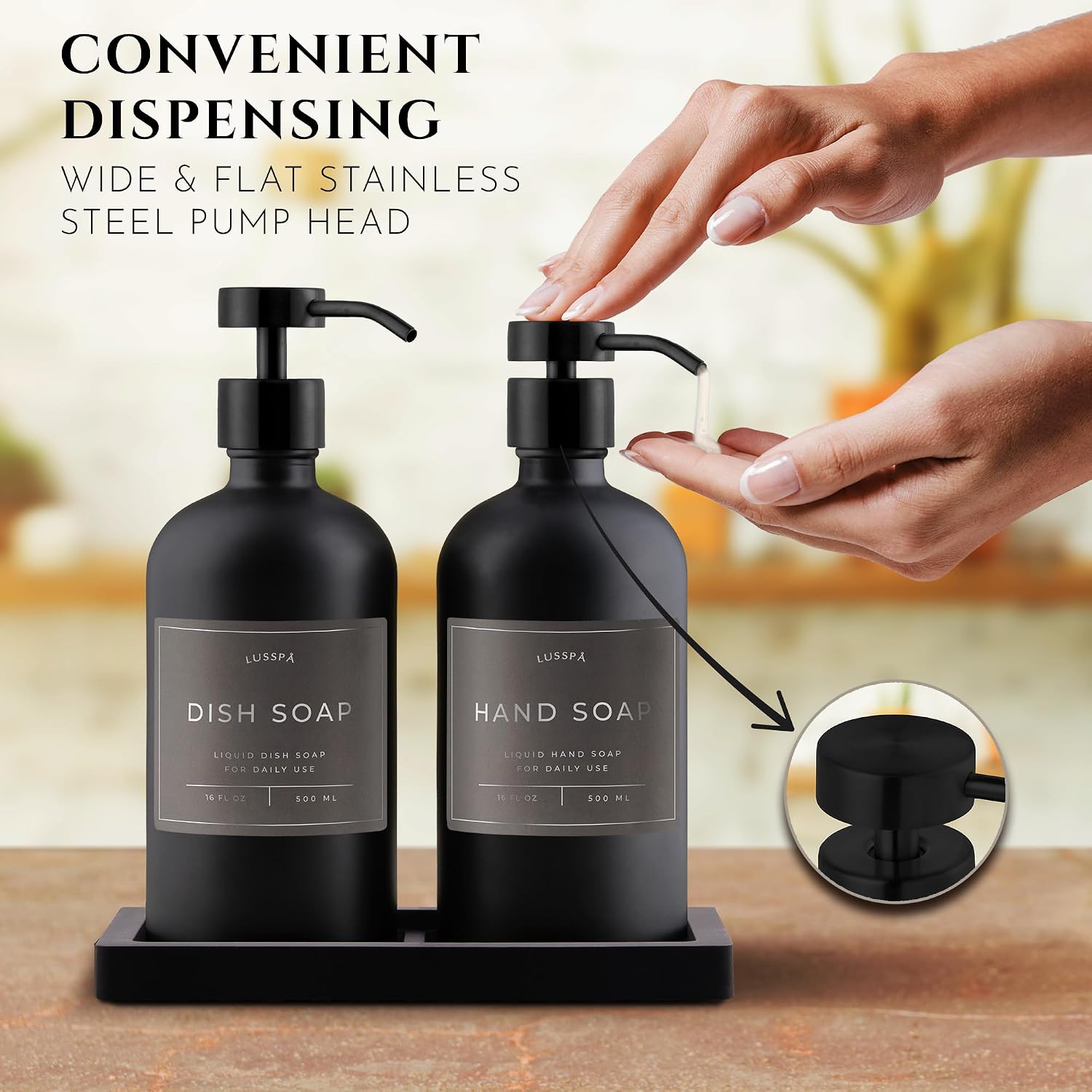 Glass Soap Dispenser Set of 2 (Black) with Silicone Tray | Hand and Dish Soap Dispenser for Kitchen and Bathroom | 16.8