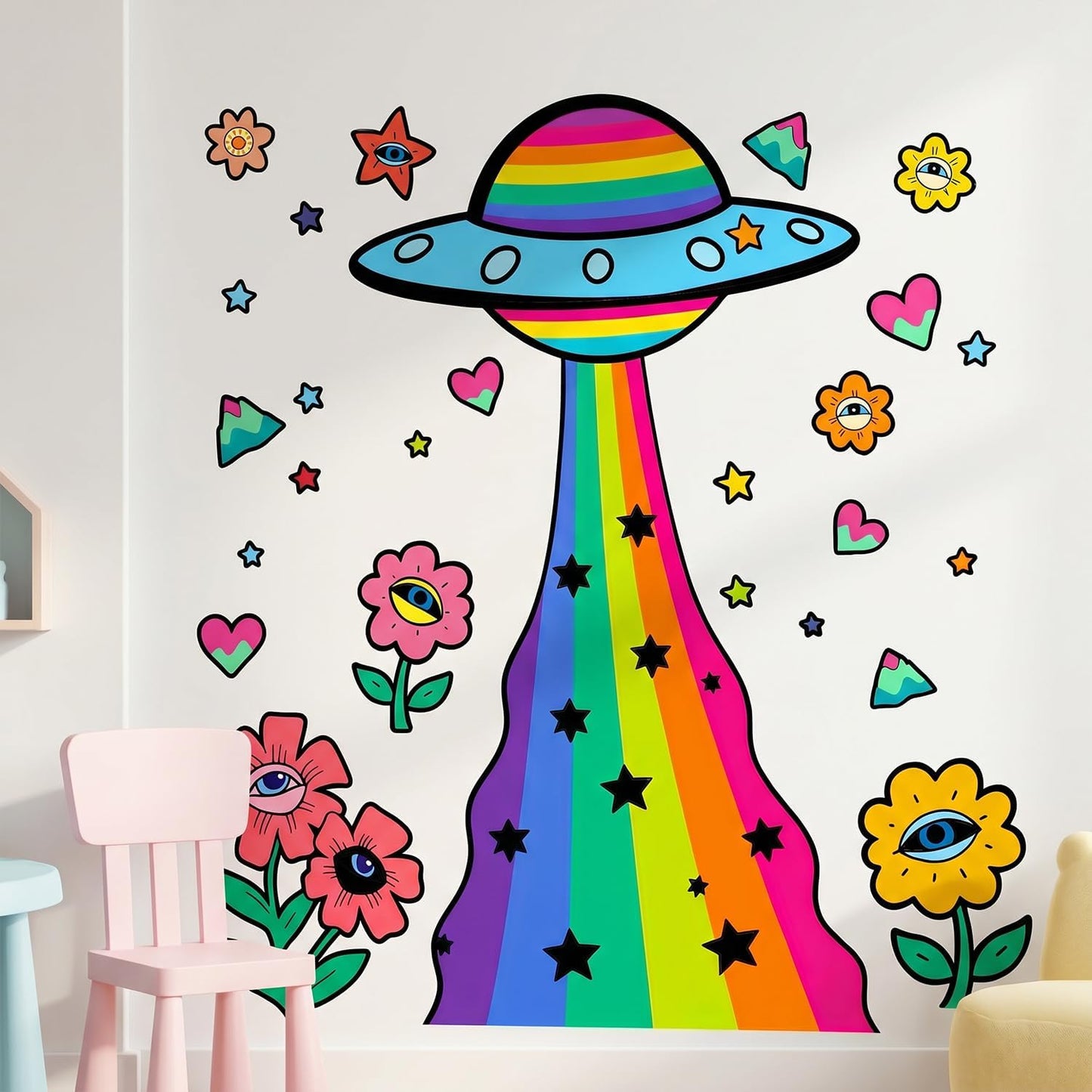 Trippy UFO Rainbow Eye Flower Peel and Stick Vinyl Wall Decals Decor Art