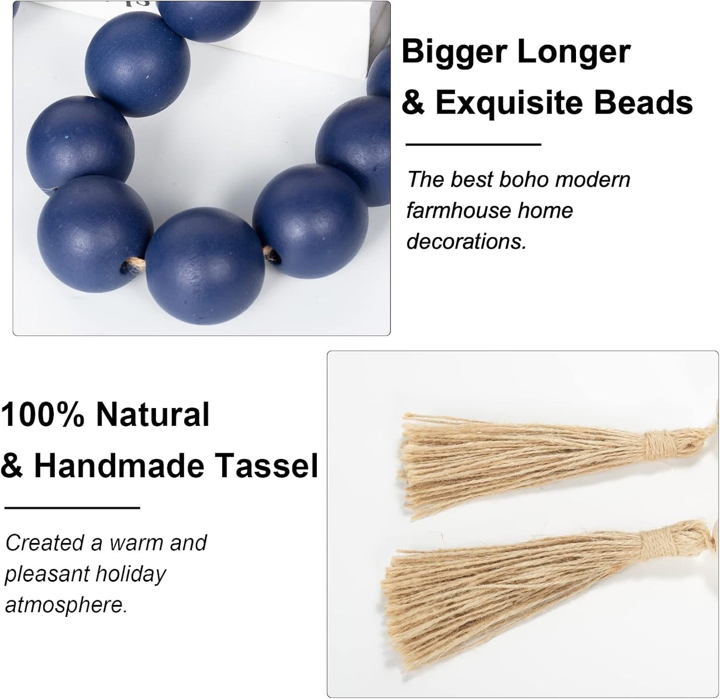60" Long Extra Large Wood Bead Garland in Navy Blue / 5 Navy Blue / 60 Inches