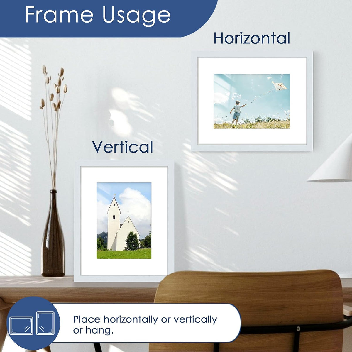 8x10 Picture Frame Set of 6, Wall or Tabletop Display, Blue | Display 5x7 with Mat or 8x10 Without Mat, Horizontal or