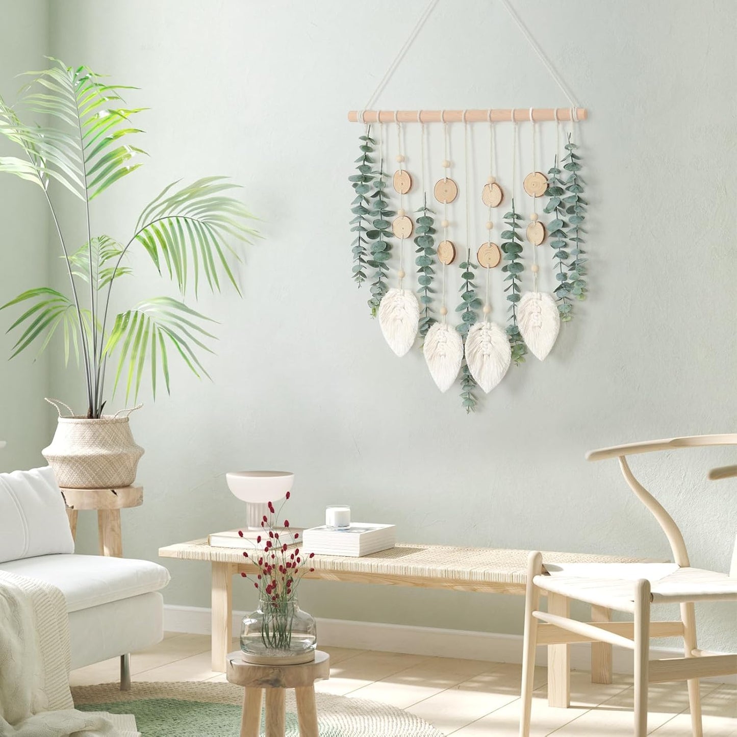 Fake Eucalyptus Stems Plants Wooden Stick Macrame / Green Eucalyptus with Macrame Leaves