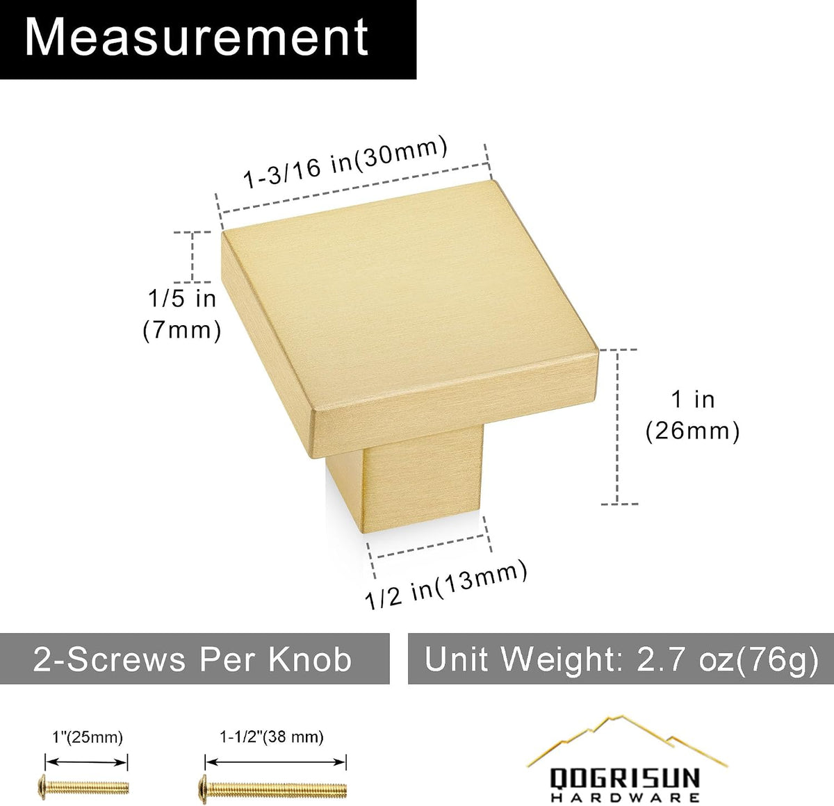QOGRISUN 10-Pack Solid Brass Cabinet Knobs, 1-3/16in Square, Brushed Gold | Solid Brass Square Knobs, Brushed Brass