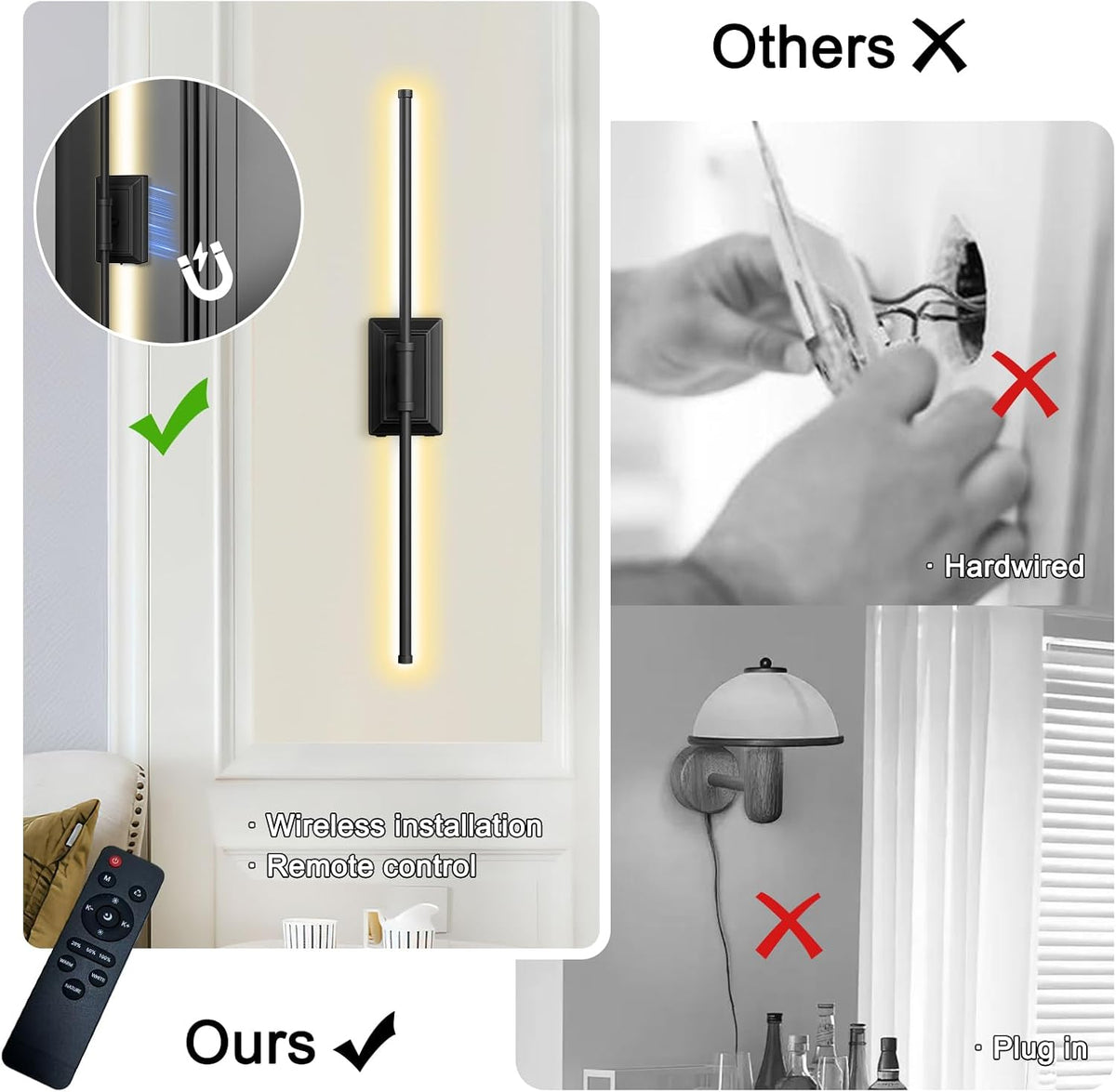 Battery Operated Wireless Wall Sconce - Rechargeable Led Sconces Set of 1 | Modern in Black Gold Silver - Bedroom Decor