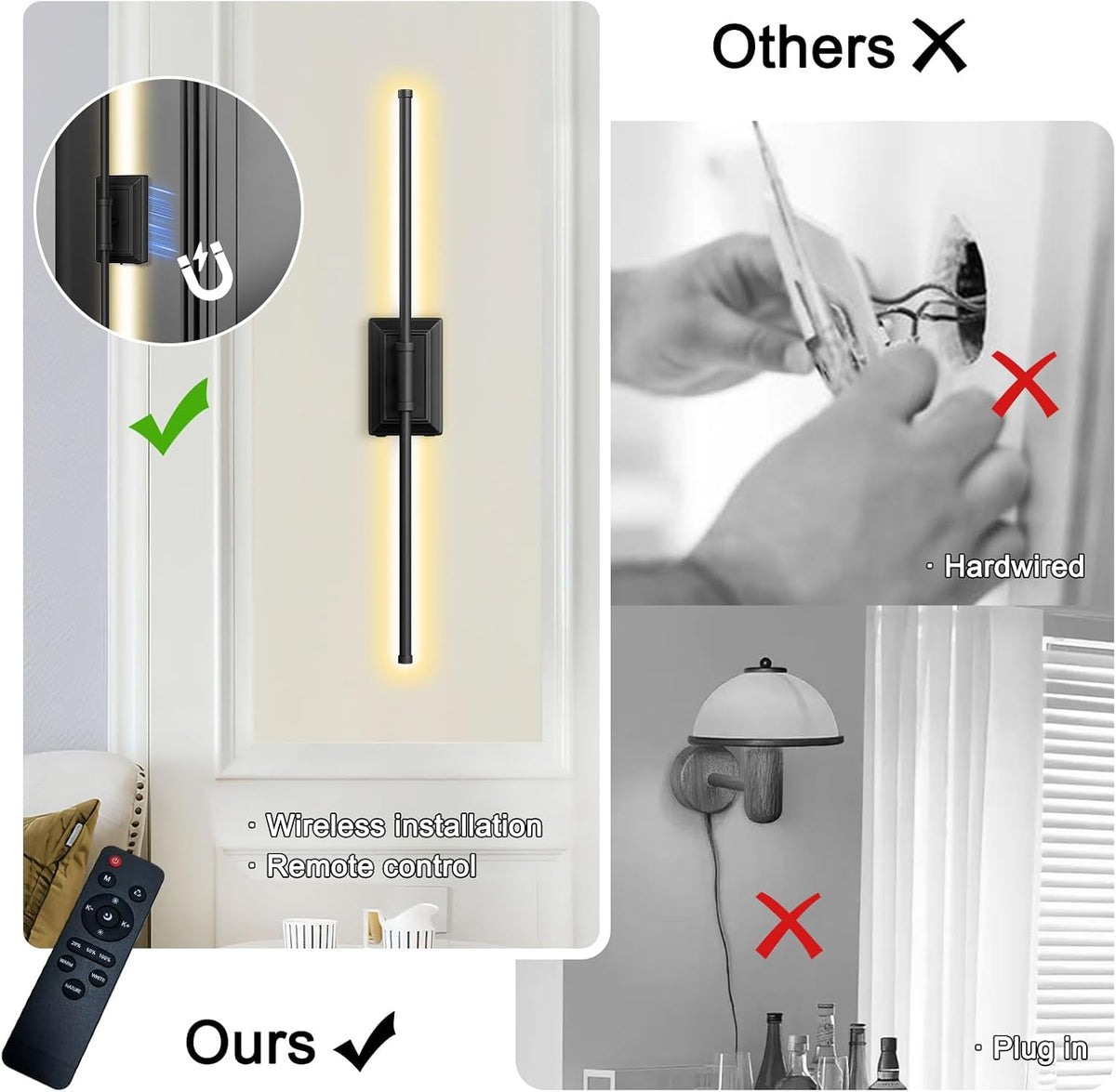 Battery Operated Wireless Wall Sconce - Rechargeable Led Sconces Set of two | Modern in Black Gold Silver - Bedroom