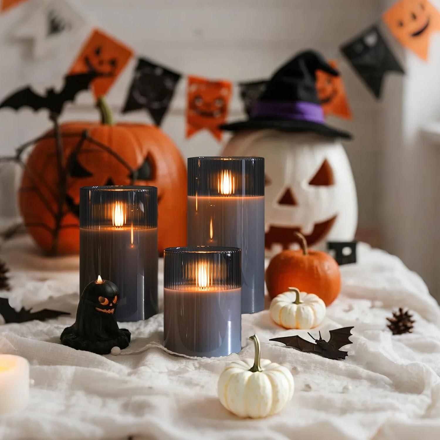 Amagic Grey Ribbed Glass Flameless Electric LED Candles with Remote Timer | Real Wax Battery Operated Candle