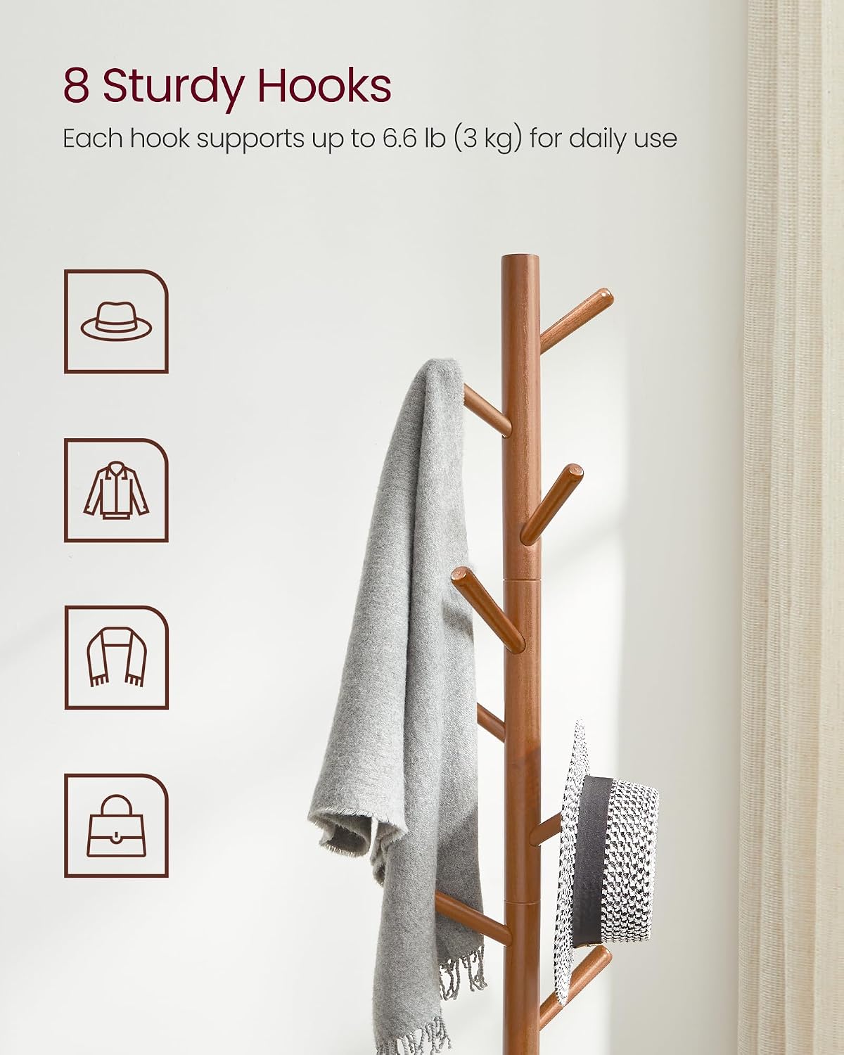 VASAGLE Solid Wood Coat Rack, Free Standing Tree-Shaped Coat Rack with 8 Hooks, 3 Height Options, for Clothes, Hats