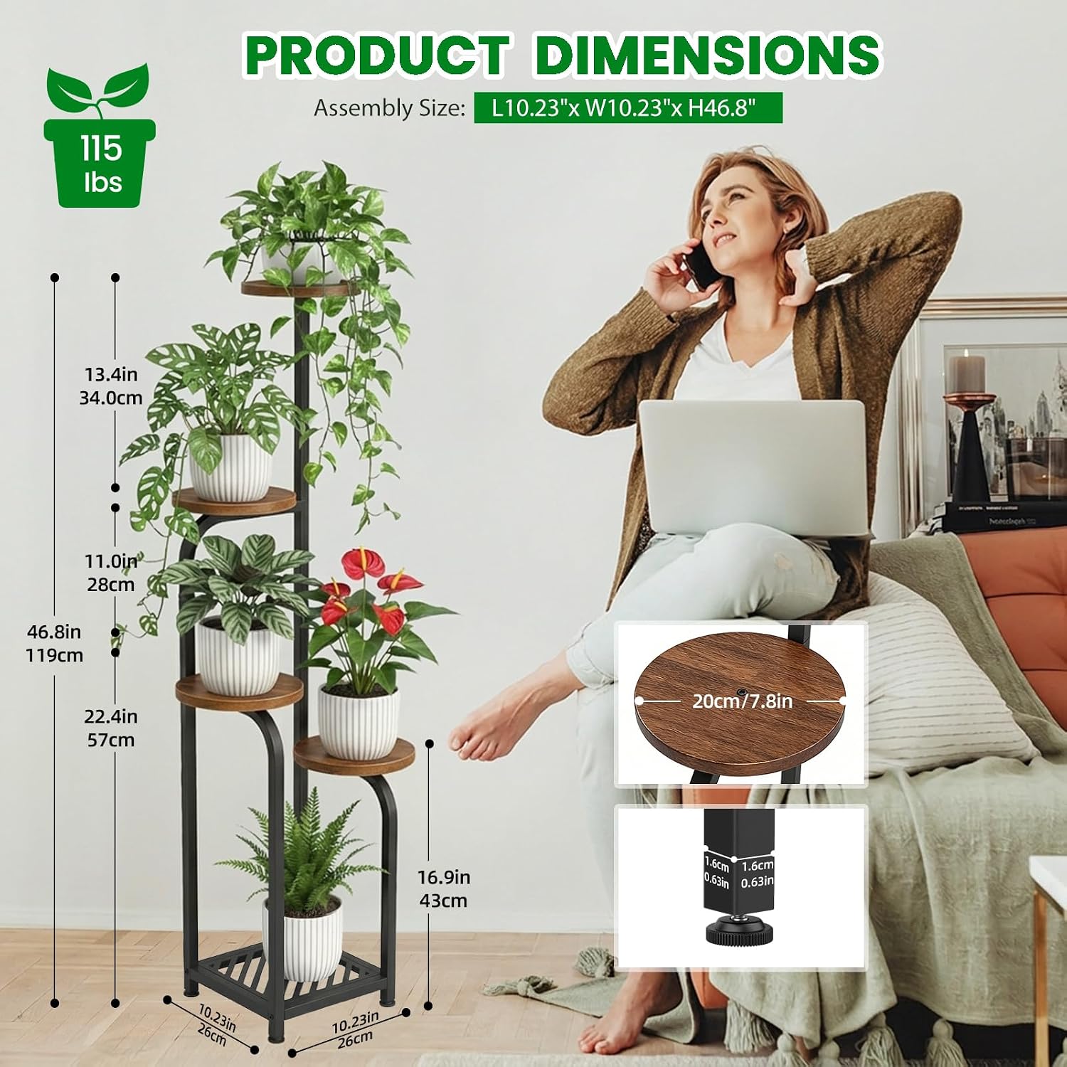 TOSKING Tall 5-Tier Corner Plant Stand Indoor, Anti-Tip,Brown & Black,47in | Plywood trays,wide base and heavy-duty