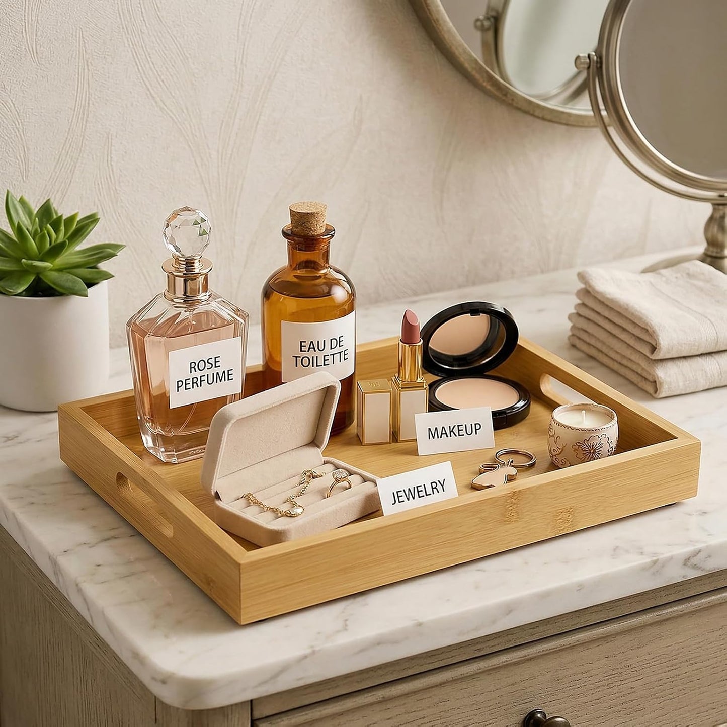 Bamboo Wood Display Tray for Dresser / Natural / 11.4 x 7.9