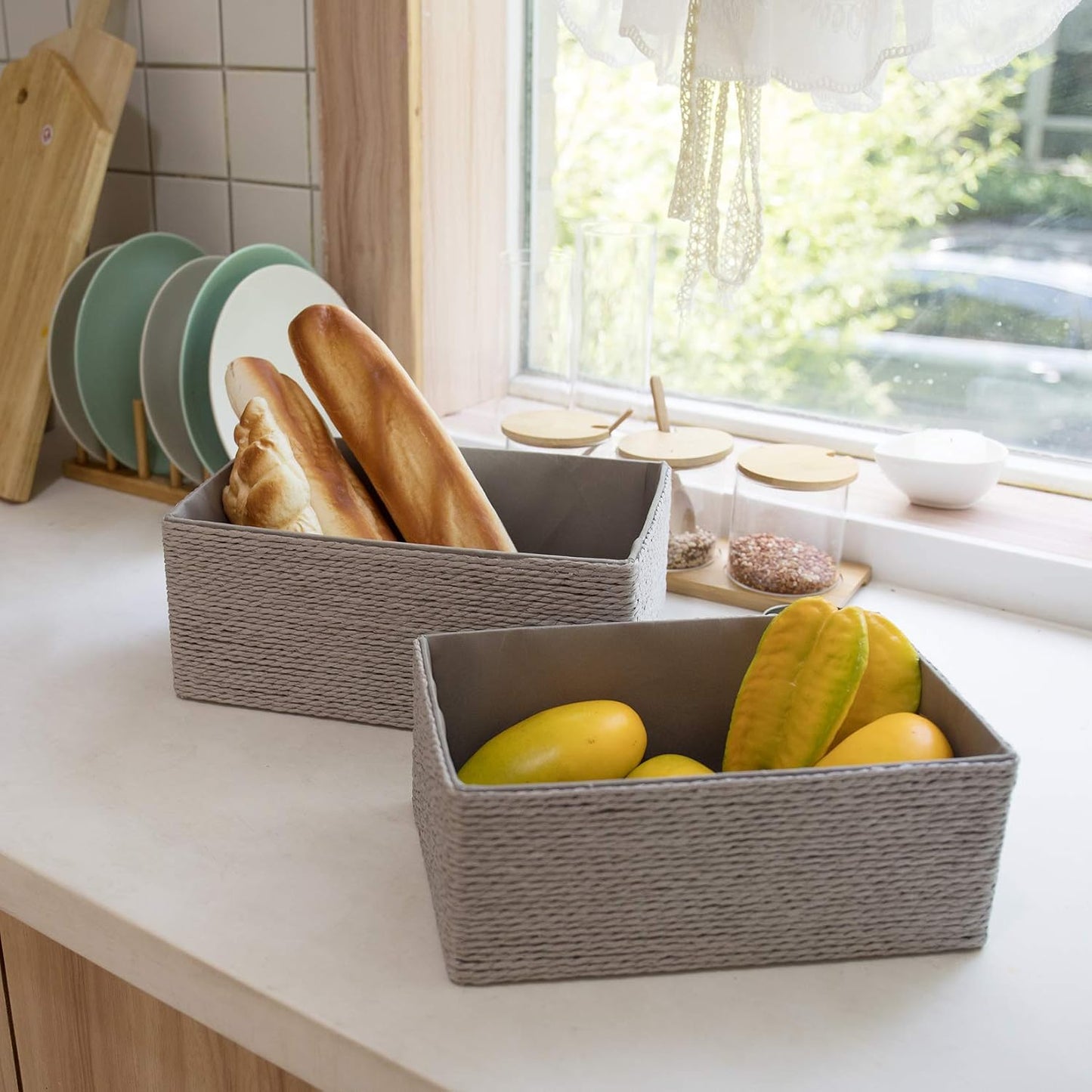 Stackable Woven Basket Paper Rope Bin / Gray