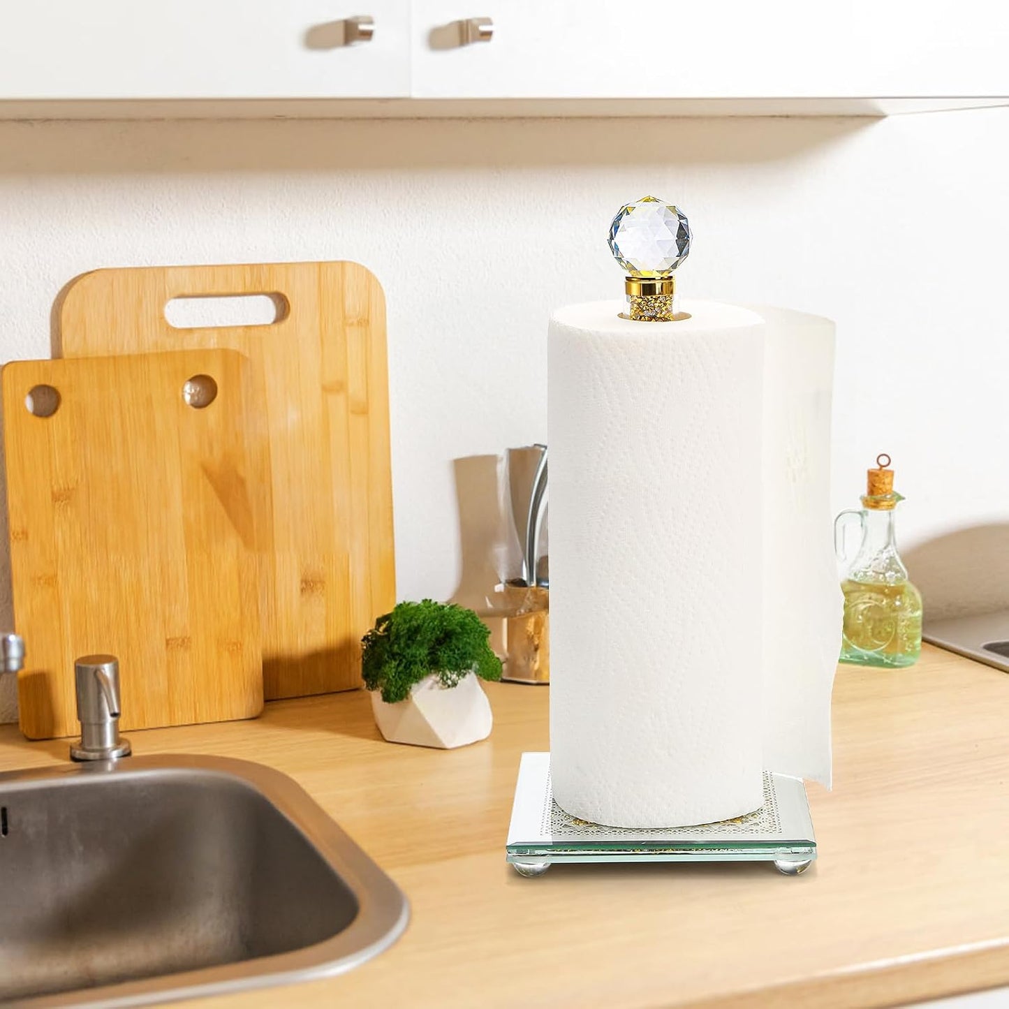 Paper Towel Holder, Gold Paper Towel Roll Dispenser Stand Weighted Base Non Slip Filled with Sparkly Crystal Crushed