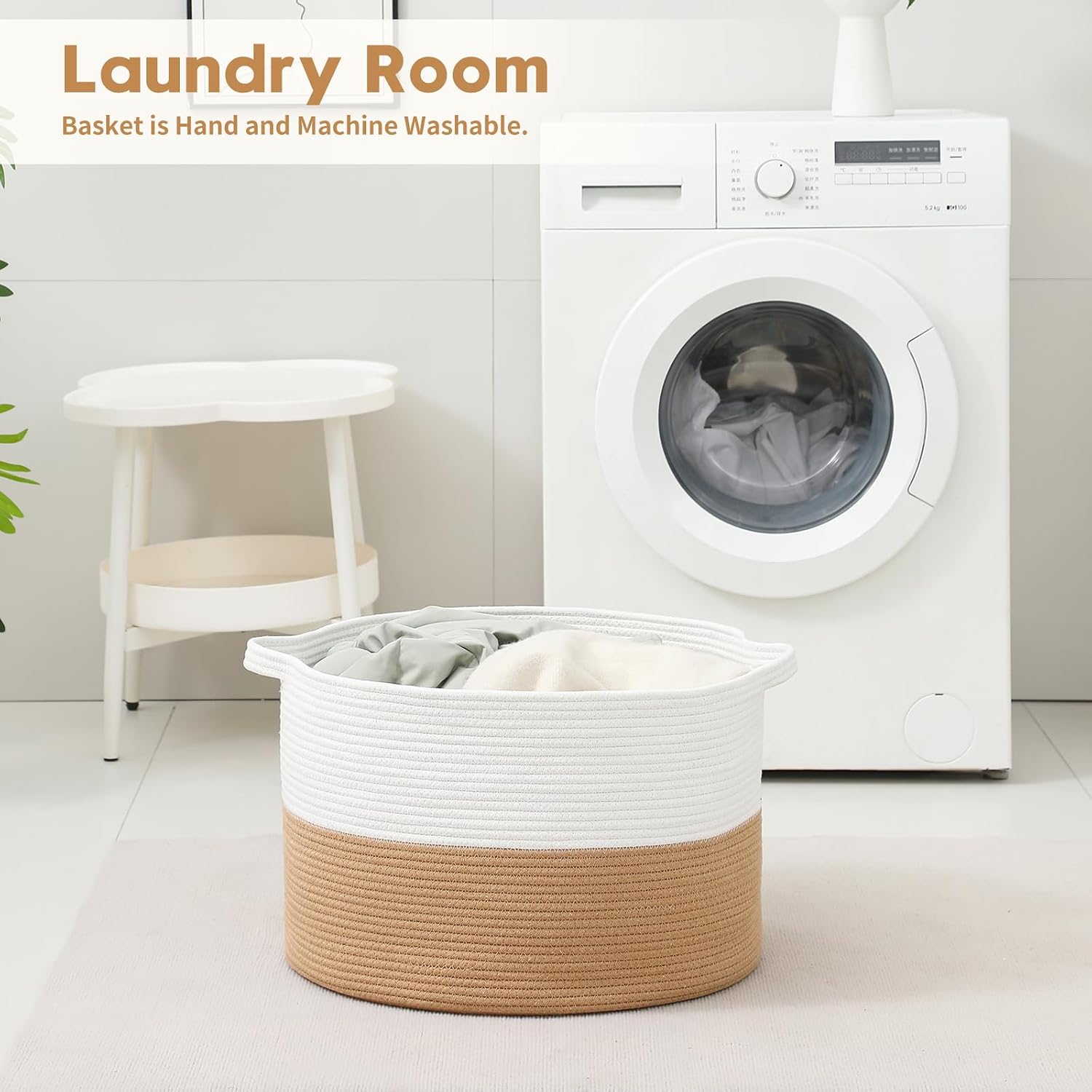 Collapsible Handle Cotton Rope Soft Woven Fabric Storage Organizer Clothes / White & Camel / 65L