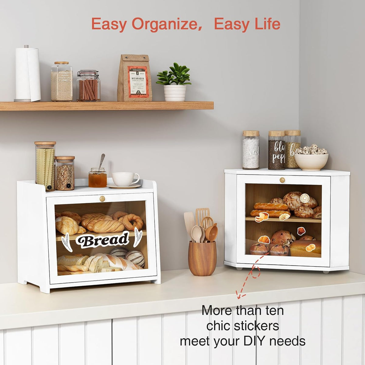 Goozii White Corner Bread Box for Kitchen Countertop, 2 Tier Breadbox for Sourdough Loaf, Modern Bread Storage