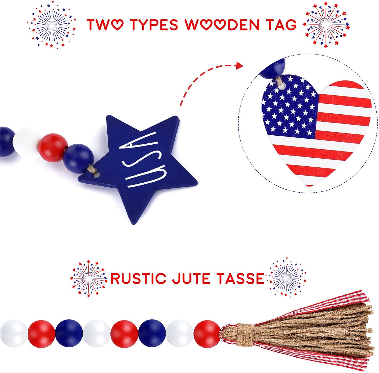Independence Day Wood Bead Garland / Set of 3