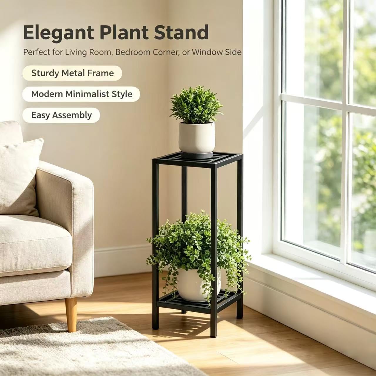 Zhongma 2 Tier 30" Tall Indoor Outdoor Plant Stand, 12 L x 12 W x 30 H inch, Heavy Duty Square Metal Flower Stand for
