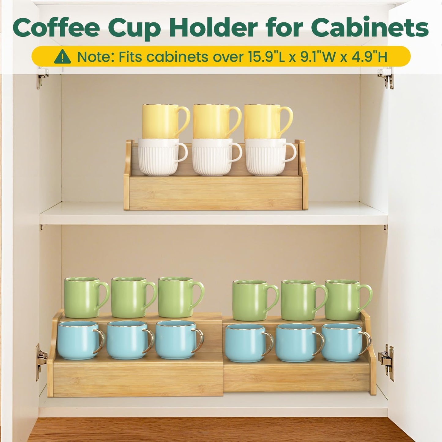 EsLuker.ly Coffee Mug Cup Holder Rack for Cabinets Countertop, Bamboo | 2 Tier Expandable Mug Storage Organizer Coffee